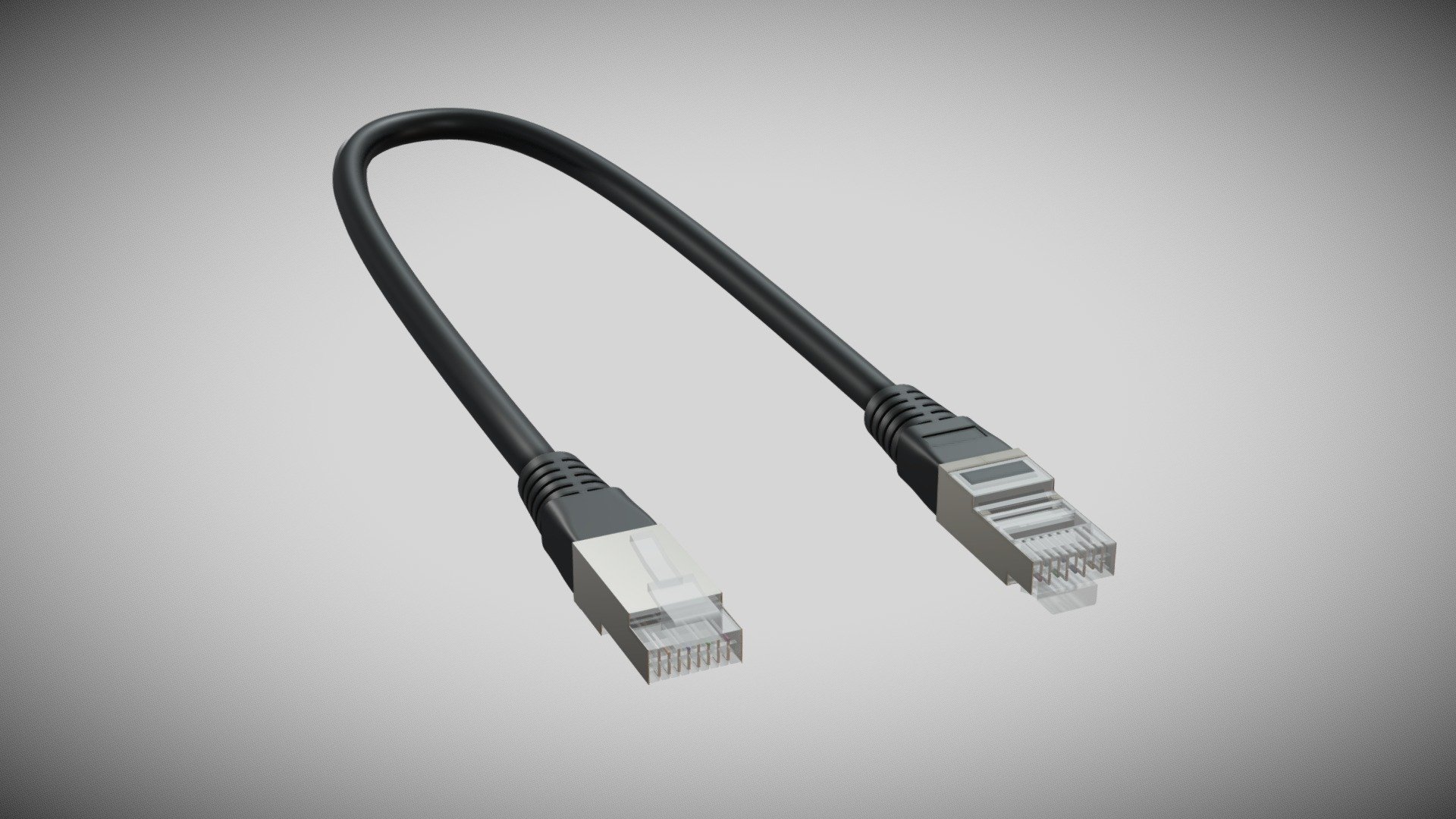 Ethernet connector modeled after real product, scale 1:1.
The transparent part of the connector is accurate and the interior with the colored cables can be seen if rendered in transparency.
Cable can be easily tweaked and customized for renders 3d model
