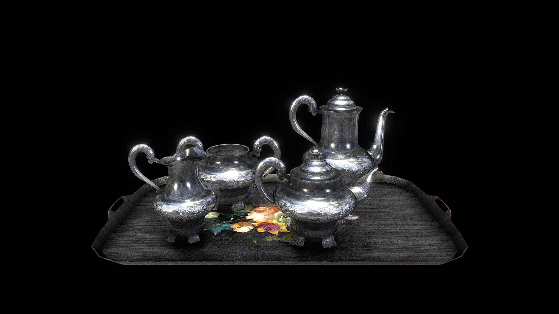 A Victorian four-piece tea set (London, England, 1851-1852) of fine silver with floral and begetal decorations together with a wooden tray decorated with flower painting. Created with low polygonage for any use 3d model