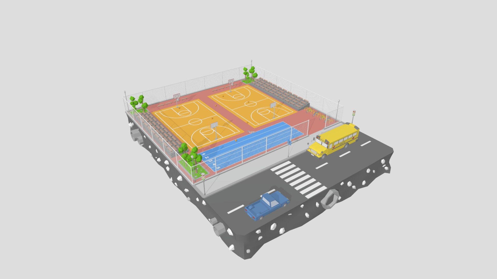 This is a great Basketball Court Low Poly 3D model for you projects. 

This scene includes the following:

Low Poly Basketball Court
Low Poly Car Truck and School Bus
Low Poly Bicycles
Low Poly Trees
Traffic Lights, Road Signs

Created in Cinema4D R25. No third party plugins needed. Standard Render with standard materials. 

Formats included: .c4d .obj .fbx .3ds 

Poly Count: 357038, Points Count: 426553, Object Count: 4206

I hope you will like it. Also, make sure to check my other models. Don’t forget to leave the feedback and rate the models. Thank you

basketball, court, stadium, sport, game, basket, floor, 3d, arena, ball, three-dimensional, field, design, net, play, championship, competition, team, training, low, poly, school, bus, truck, car, city, isometric, equipment, illustration, recreation - Basketball Court Low Poly - 3D model by ruslanmikaielian 3d model