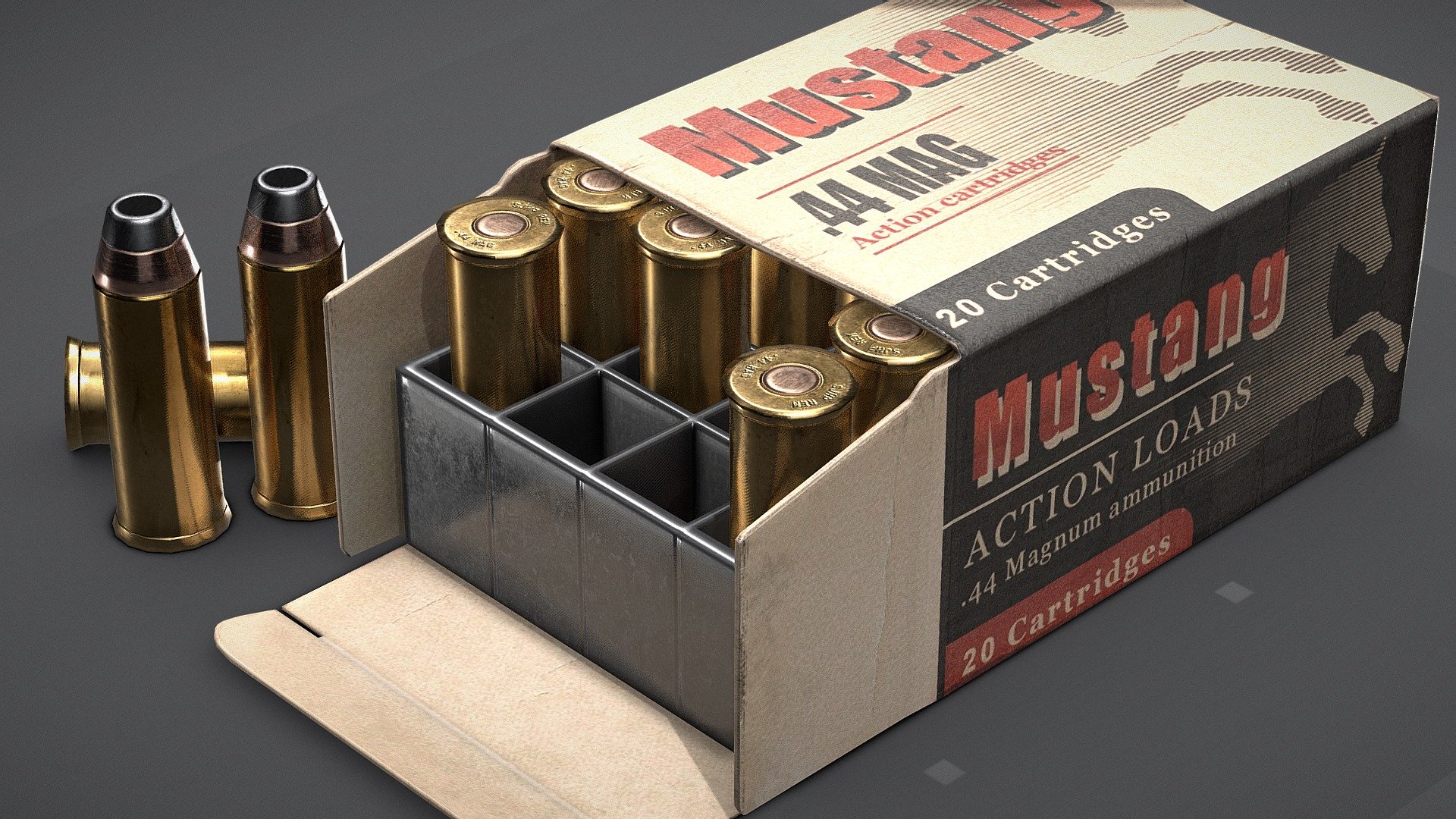 Magnum revolver cartridges ( ammunition pack ) asset with great attention to detail and proper rendering.
Designed specifically for game engines and VR and AR - Comes with Unity &amp; Unreal Engine 4 prepared texture sets! Includes High poly files!



What do you get?


Models:





Magnum cartridges high-poly models (.fbx)




Magnum cartridges low-poly models (.obj, .fbx) :






Bullet / Cartridge 108 tris

Box Insert 448 tris

Cartboard box 488 tris

Opened pistol cartboard box with insert and projectiles 2280 tris

Unity Standard Shader textures :





Albedo 2048x2048




Normal 2048x2048




Specular 2048x2048




Ambient Oclussion 2048x2048



UE4 textures :





Albedo 2048x2048 




Normal 2048x2048 




RMA (channel packed texture) 2048x2048



VR / AR / Low-poly / Game ready / Magnum / Revolver / Handgun / Pistol cartridges / ammunition pack 3D MODEL - Magnum revolver ammo  - PBR - Game-ready model - Buy Royalty Free 3D model by miloszgierczak 3d model