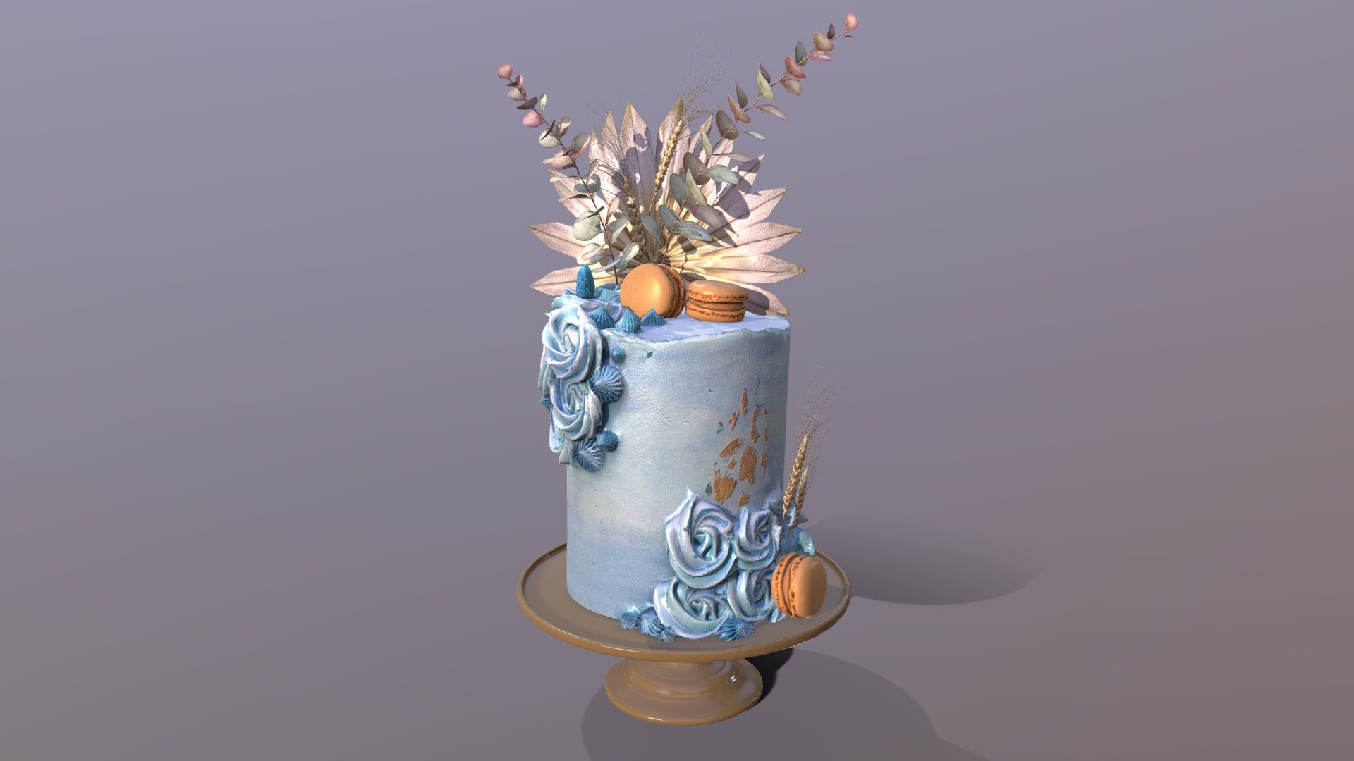 3D scan of a Luxury Aegean Buttercream Swirl Cake on the elegant mosser stand which is made by CAKESBURG Online Premium Cake Shop in UK.

This 3D cake can be personalised with any text and colour you want. Please contact us.

You can also order real cake from this link: https://cakesburg.co.uk/products/luxury-buttercream-cake-06?_pos=1&amp;_sid=685b5456e&amp;_ss=r

Cake Textures - 4096*4096px PBR photoscan-based materials (Base Color, Normal, Roughness, Specular, AO)

Macarone textures - 4096*4096px PBR photoscan-based materials (Base Color, Normal, Roughness, Specular, AO)

Palm, Eucalyptus and Wheat Textures - 4096*4096px PBR photoscan-based materials (Base Color, Normal, Roughness, Specular, AO) - Luxury Aegean Swirl Cake - Buy Royalty Free 3D model by Cakesburg Premium 3D Cake Shop (@Viscom_Cakesburg) 3d model