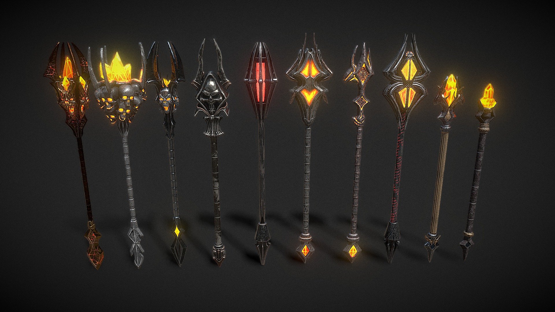 A set of quality staff models. Consists of 10 original objects. Each staff has a PBR texture with a resolution of 2048x2048. Total polygons (triangles) 92,026
staff01 - 21022
staff02 - 23744
staff03 - 11746
staff04 - 8612
staff05 - 4504
staff06 - 6832
staff07 - 3312
staff08 - 6294
staff09 - 4100
staff10 - 1860

The archive contains additional materials: FBX, OBJ, Blend files. 2k textures - PNG, JPG and PNG (Unity Metallic Smoothness) - Fantasy Staffs Pack01 - 3D model by zilbeerman 3d model