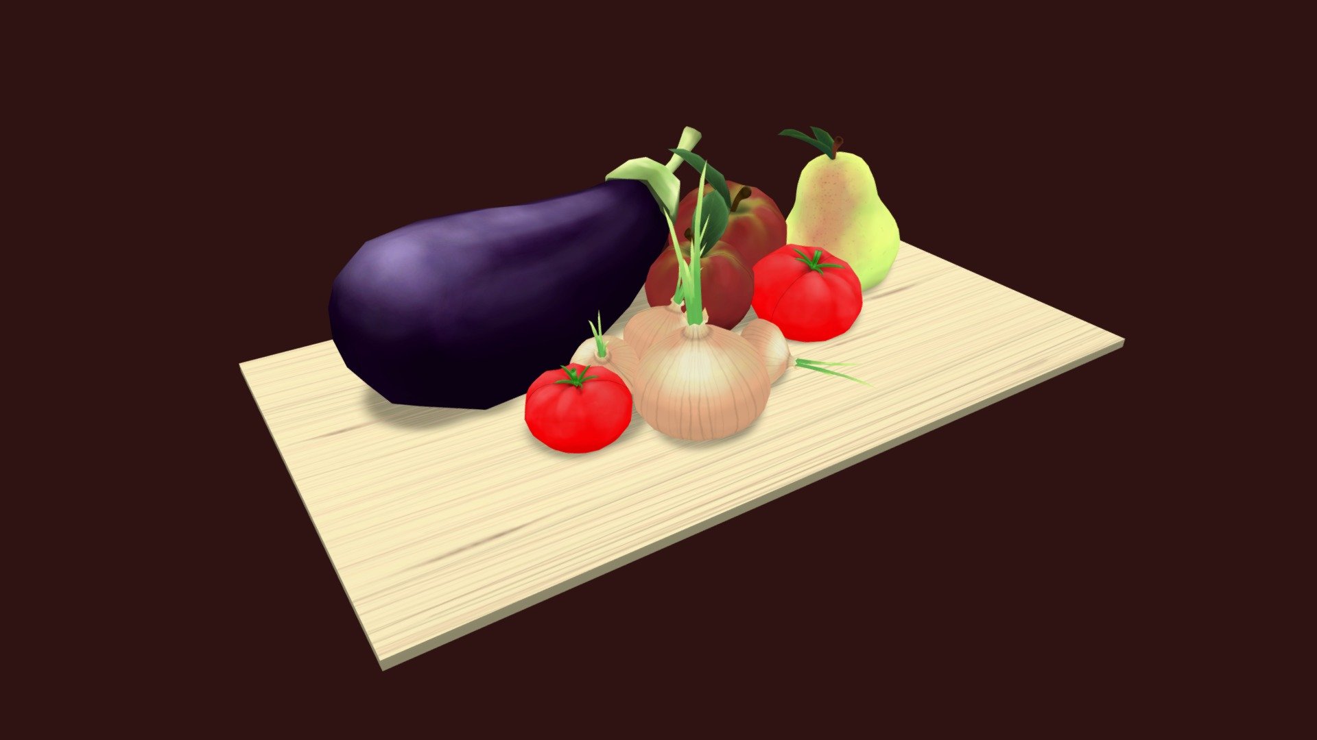Assorted, handpainted fruit &amp; vegetables (5).




apple

pear

eggplant

tomato

onion

Handpainting (diffuse) exercise for college.
Lowpoly. UV unwrapped. 2048 x 2048 diffuse maps (+1 for cutting board).
Blender 3d model