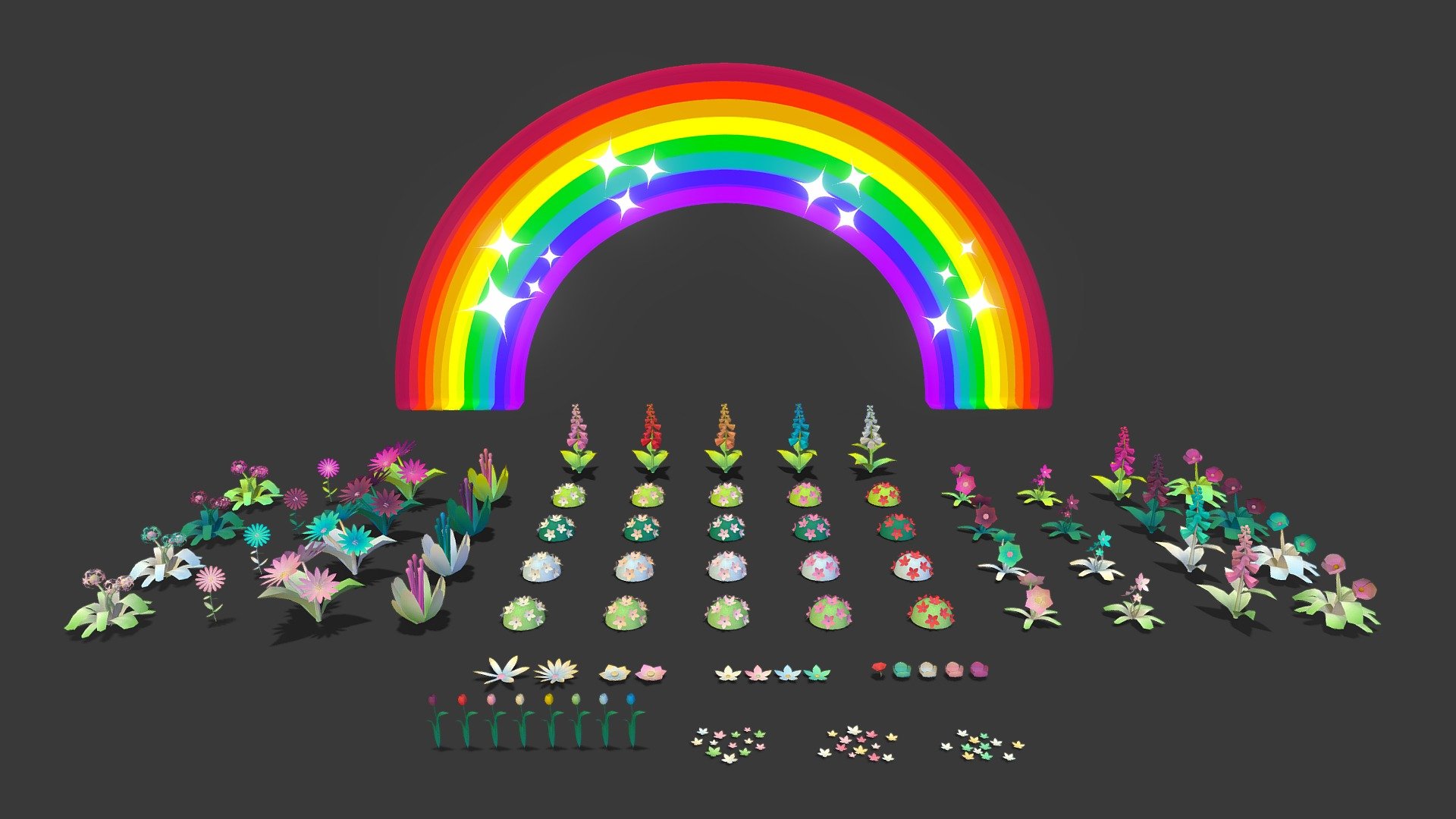 Game ready Flower/Nature pack that i made. 
- Plants/Flowers/Roses/Bushes come in 4 different colour variations. 
- Each flower is an individual mesh so you can tweak position, rotation and scale.
- Also included is an animated rainbow model that i've made. (30 fps) 3d model
