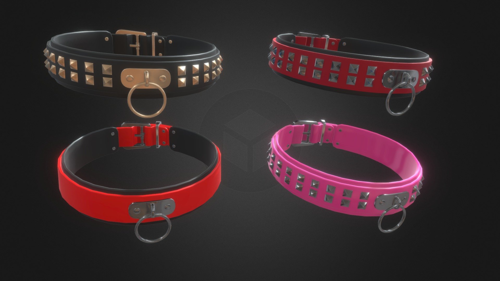 “Diana” comes in 4 finishes:




Black Leather / Rose Gold

Red Leather with white Dots / Chrome 

Pink Latex / Chrome

Purple Leather / Nickel Silver

The leather straps have a Subdivision modifer, so it will look smoother than the preview you are seeing.

All the chokers are controlled and deformed by lattices 3d model