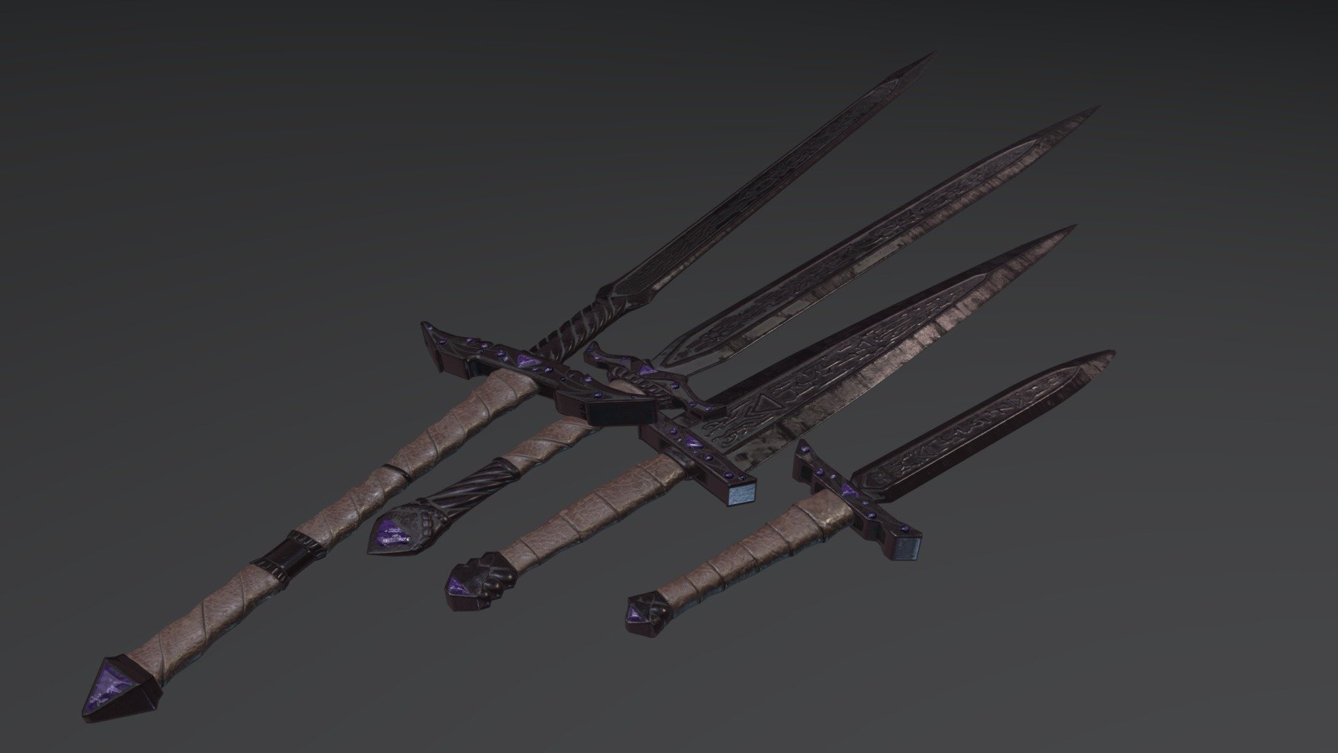 These are a the swords from the ebony weapon set I made for Skywind.
Concept art was made by DalSifoDyas: 
https://www.artstation.com/artwork/4XoO08

Check out the project here:
https://tesrskywind.com/ - Skywind Ebony Swords - 3D model by Urkenstaff 3d model