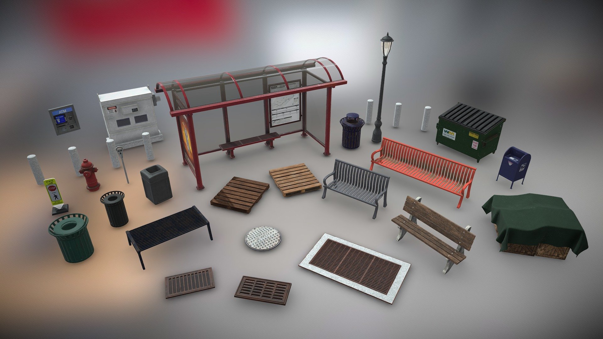 Assorted city props. Models are between 400 and 8000 triangles. Most models are PBR and include diffuse, occlusion roughness metallic, emissive, normal, (alpha/opacity if needed) maps.

Both sides of dumpster lid opens. Search for and check out my dumpster model for 4 other texture options to change the look of this dumpster model. 

Some other models have multipule material options including the bus stop, benches, pallets, crates.




Bus Stop

ATM

Dumpster

USPS Mailbox

Utility Box

Street Light

Trash Cans

Fire Hydrant

Benches

Storm Drain

Manhole Cover

Pallet

Tarp Covering Crates

Parking Meter

Free to use for any project. Any feedback is appreciated. Thanks for checking out my models and the likes. 




Check out all my other models including this most recent model.
 - City Props Collection - Download Free 3D model by TampaJoey 3d model