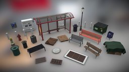 City Props Collection crate, pallet, bench, urban, road, unreal, dumpster, gta, atm, trashcan, mailbox, fbx, grandtheftauto, props, game-ready, cityscape, unreal-engine, sidewalk, fire-hydrant, game-asset, parking-meter, trash-can, tarp, bus-stop, street-light, street-lamp, low-poly, city, street, post-box, manhole-cover, utility-box