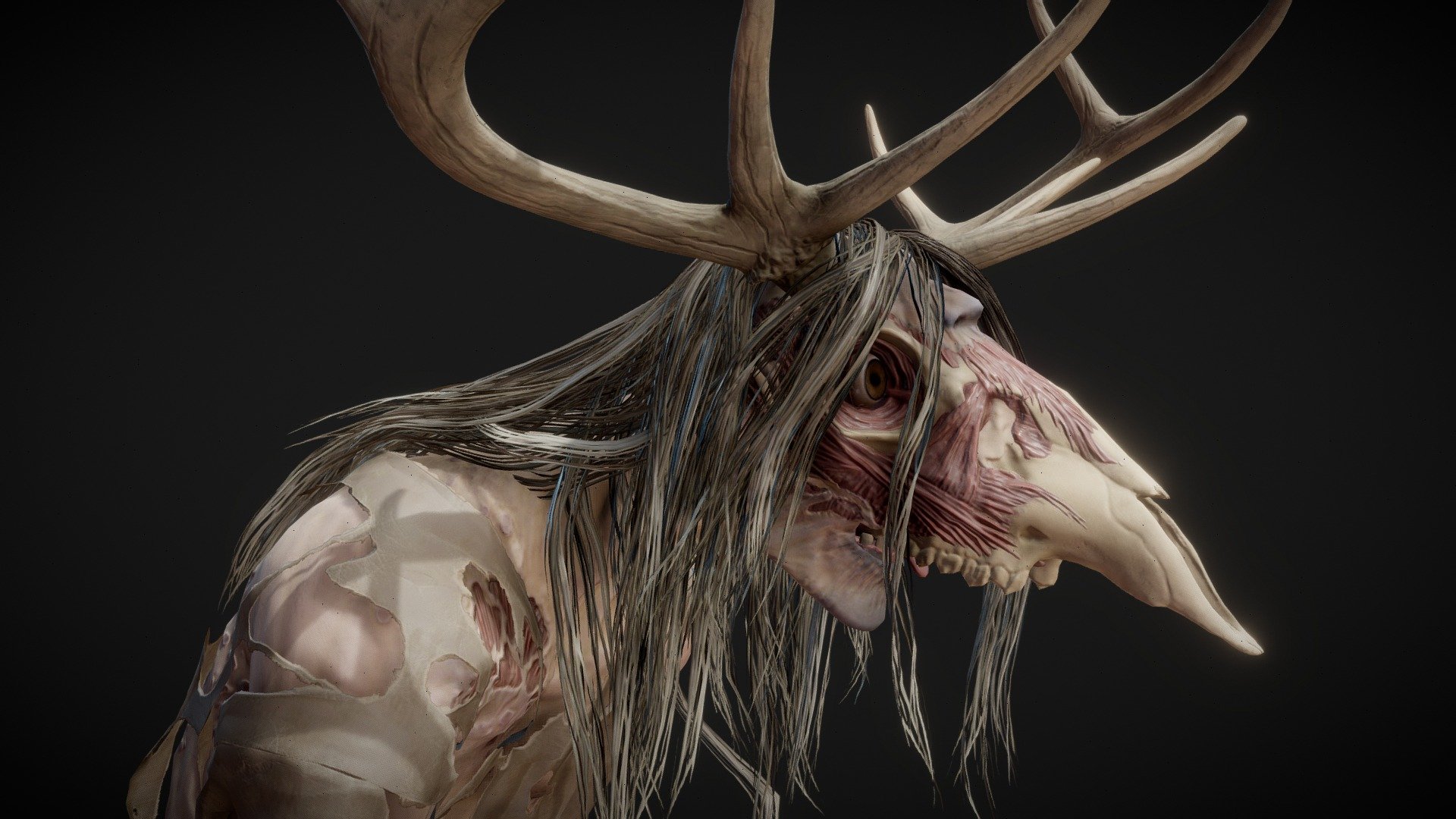 Fully rigged, low-poly &amp; game-ready Wendigo model for animation projects, games and prototypes.

Details:




Total triangle count: 80,853

Body: 40,773 | Clothes: 8,172 | Eyes: 2,724 | Hair: 29,184 tris.

2 Materials (Opaque &amp; Masked)

2k PBR textures (6 UDIMs, ACES color space)

BaseColor, Roughness, Metallic, Height, Normal (DirectX), Opacity

Rigged with Rigify

Includes 7 sample animations - idle, walk &amp; run cycles, attack and jump (start, mid, end).

The .blend file includes the Metarig (used for generating the complex control rig), Control Rig (used for animating in Blender) and the Game Rig (used in engines)

.uasset files for Unreal Engine 5 ( skeletal mesh, physics asset, materials, textures and animations)

.ZTL file for Zbrush
 - Stylized Wendigo 3D Model (rigged & animated) - Buy Royalty Free 3D model by RaduCarstean 3d model