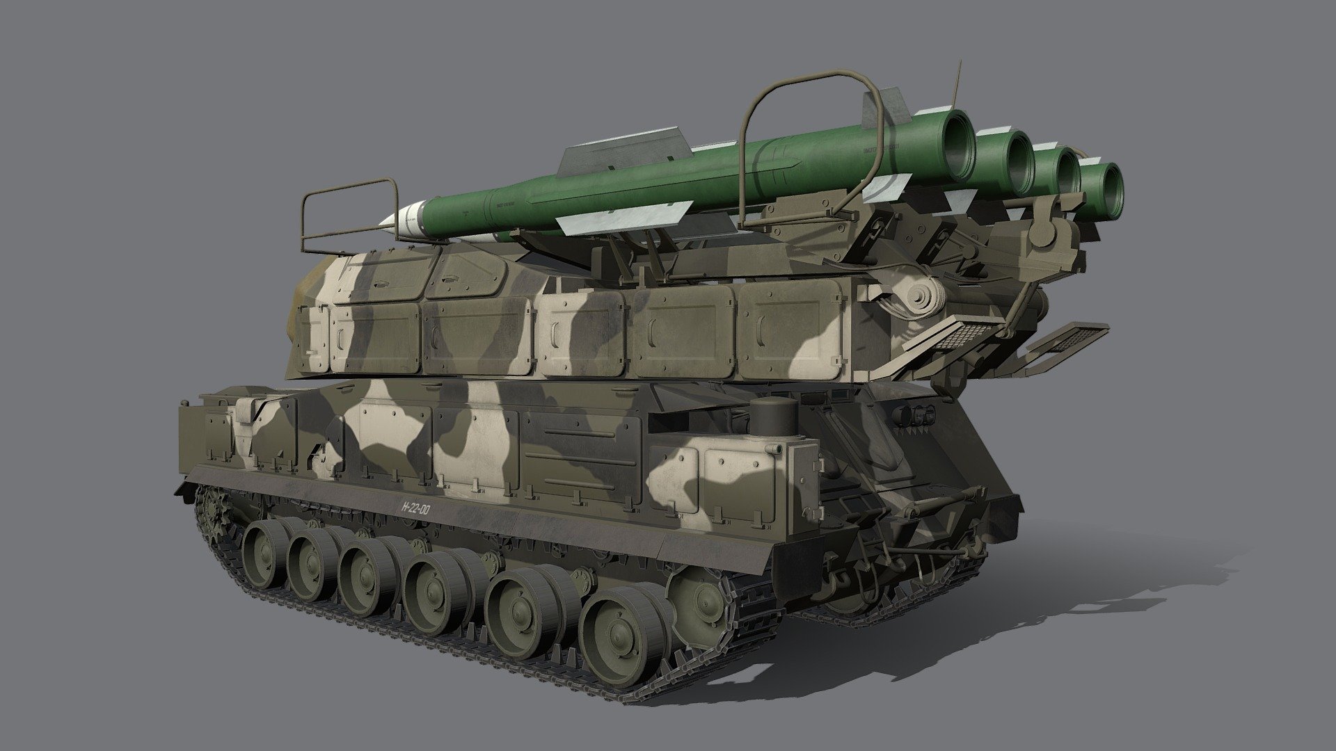 The Buk-M2 (NATO name SA-17 Grizzly, Russian name 9K317) is a Russian-made mobile medium-range surface-to-air missile (SAM) system designed to defend field troops and logistical installations against air threats. SA-17 Grizzly is an upgraded version of the proven Buk-M1 mobile air defense system and retains its main features. It defeats strategic and tactical aircraft, tactical ballistic missiles, cruise missiles, air-launched missiles, guided aerial bombs and helicopters, including hovering rotorcraft, in the presence of heavy electronic countermeasures and under intense enemy fire. The Buk-M2 can engage a wide variety of targets from aircraft to missiles flying at an altitude of between 10 and 24,000 m at a maximum range of 50 km in given conditions. The SA-17 Grizzly can engage simultaneously up to 24 targets flying from any direction 3d model
