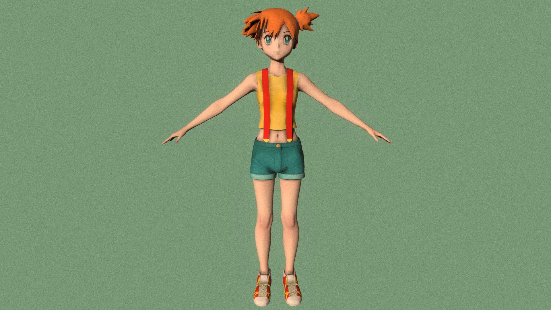 T-pose rigged model of anime girl Misty (Pokemon).

Body and clothings are rigged and skinned by 3ds Max CAT system.

Eye direction and facial animation controlled by Morpher modifier / Shape Keys / Blendshape.

This product include .FBX (ver. 7200) and .MAX (ver. 2010) files.

3ds Max version is turbosmoothed to give a high quality render (as you can see here).

Original main body mesh have ~7.000 polys.

This 3D model may need some tweaking to adapt the rig system to games engine and other platforms.

I support convert model to various file formats (the rig data will be lost in this process): 3DS; AI; ASE; DAE; DWF; DWG; DXF; FLT; HTR; IGS; M3G; MQO; OBJ; SAT; STL; W3D; WRL; X.

You can buy all of my models in one pack to save cost: https://sketchfab.com/3d-models/all-of-my-anime-girls-c5a56156994e4193b9e8fa21a3b8360b

And I can make commission models.

If you have any questions, please leave a comment or contact me via my email 3d.eden.project@gmail.com 3d model