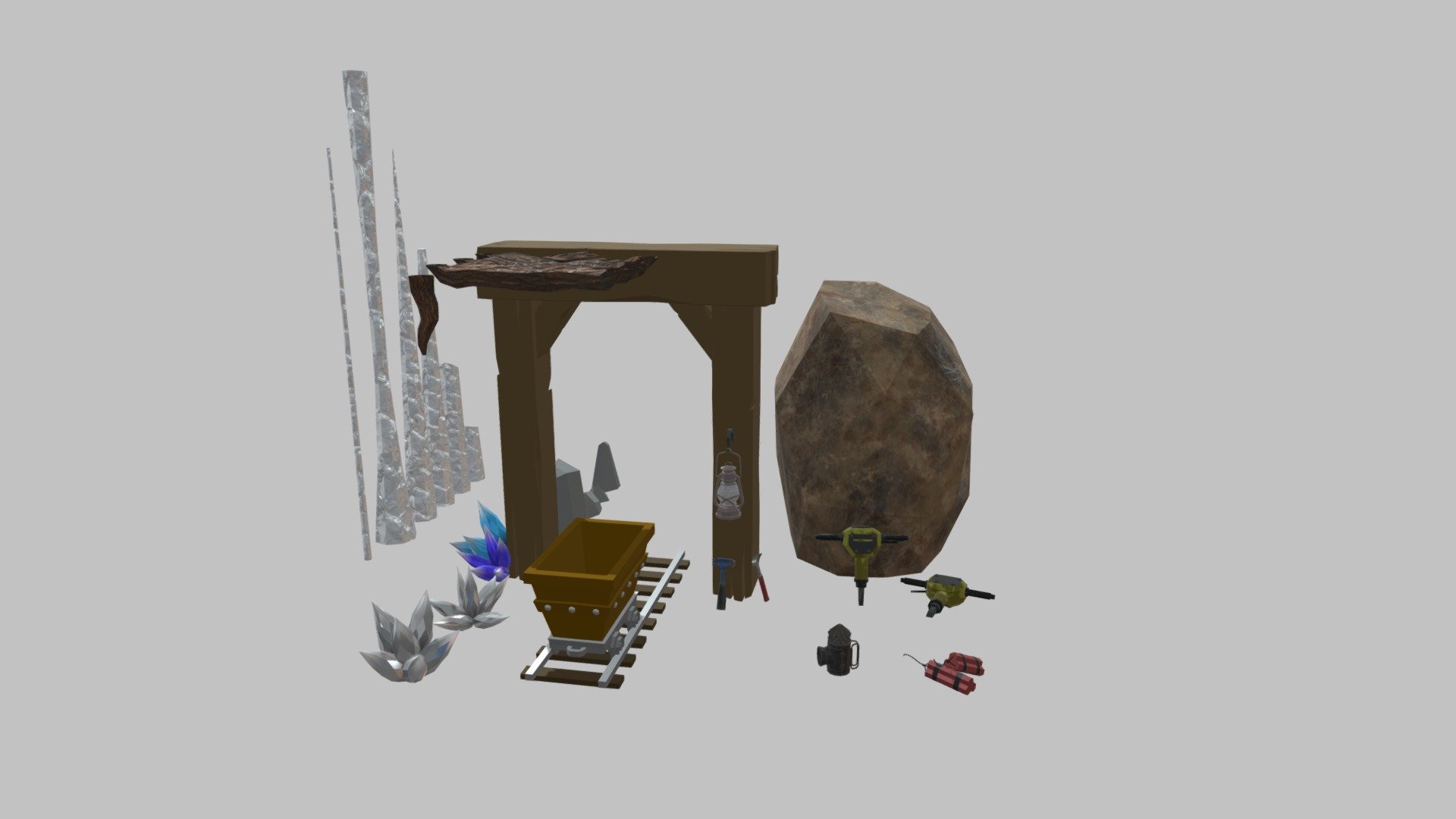I modelled these for a game project at school in spring 2020. Everything is low poly. The project lasted for a few months so I had a lot of time to make mine related assets. My group had many people so I didn't always texture my models. The minecart, rails, small rocks, doorway, lantern and dynamites were not textured by me so I didn't include their textures here. I gave them materials in Maya 3d model