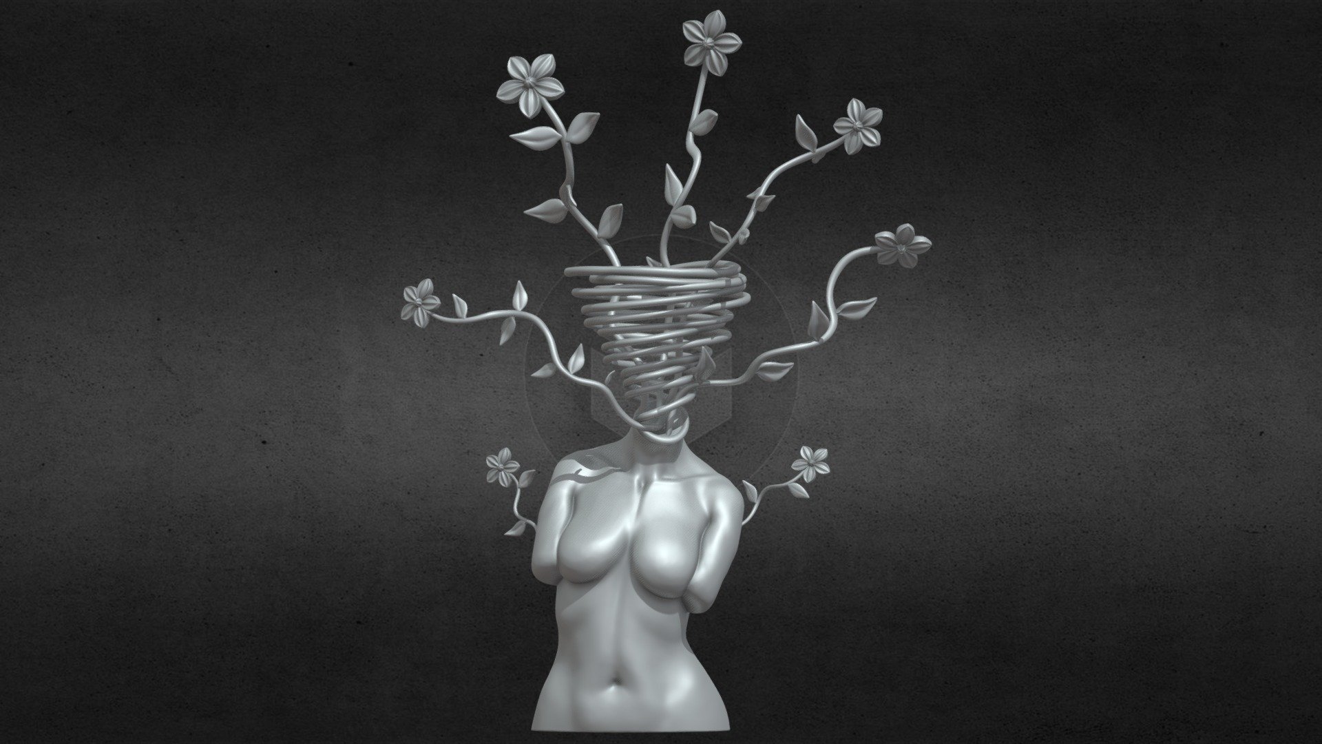 Female body with flowers for home decor, bedroom, bookshelf. I put a photo highlighting the slt files in different colors, each flower is a different stl. However I also include OBJ files, Zbrush Tool, FBX. You will have my support after the sale if you need it 3d model