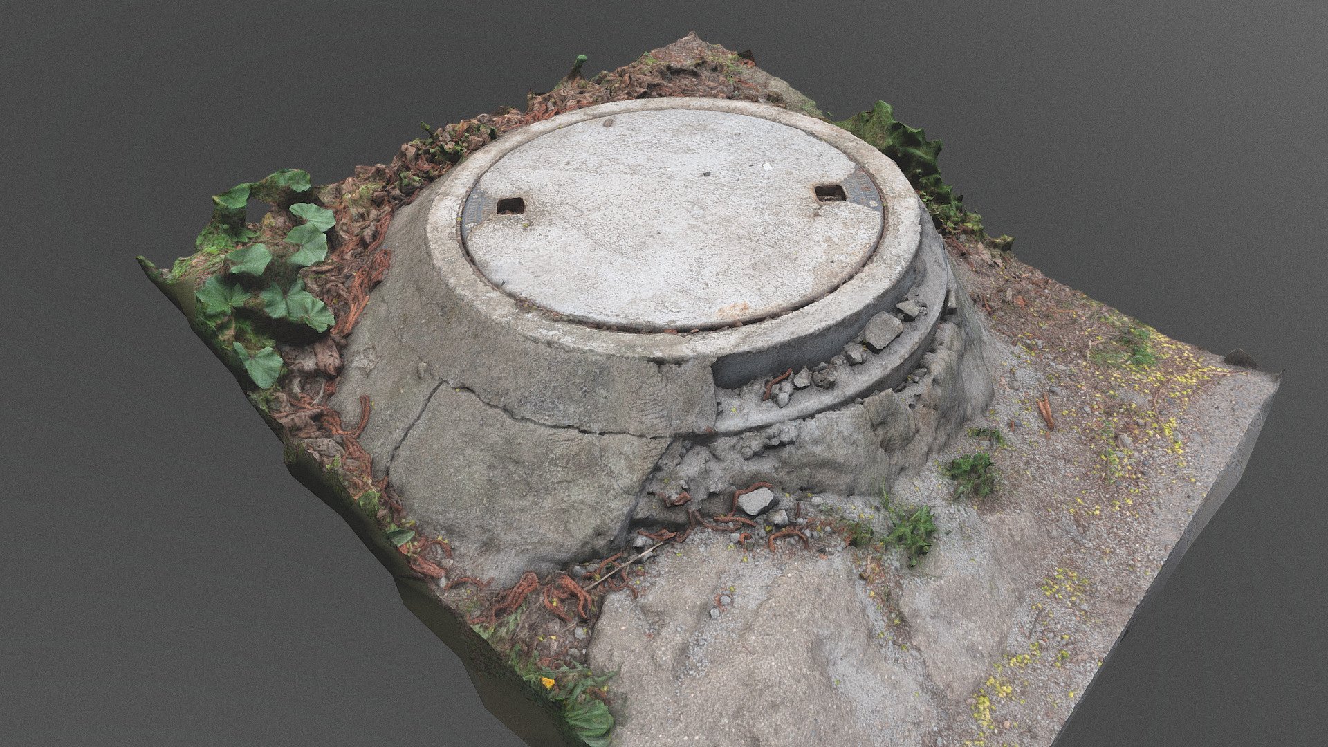 Sewer hatch concrete manhole cover with in a park hill

Photogrammetry scan 120x24MP - Sewer hatch concrete manhole cover - Buy Royalty Free 3D model by matousekfoto 3d model