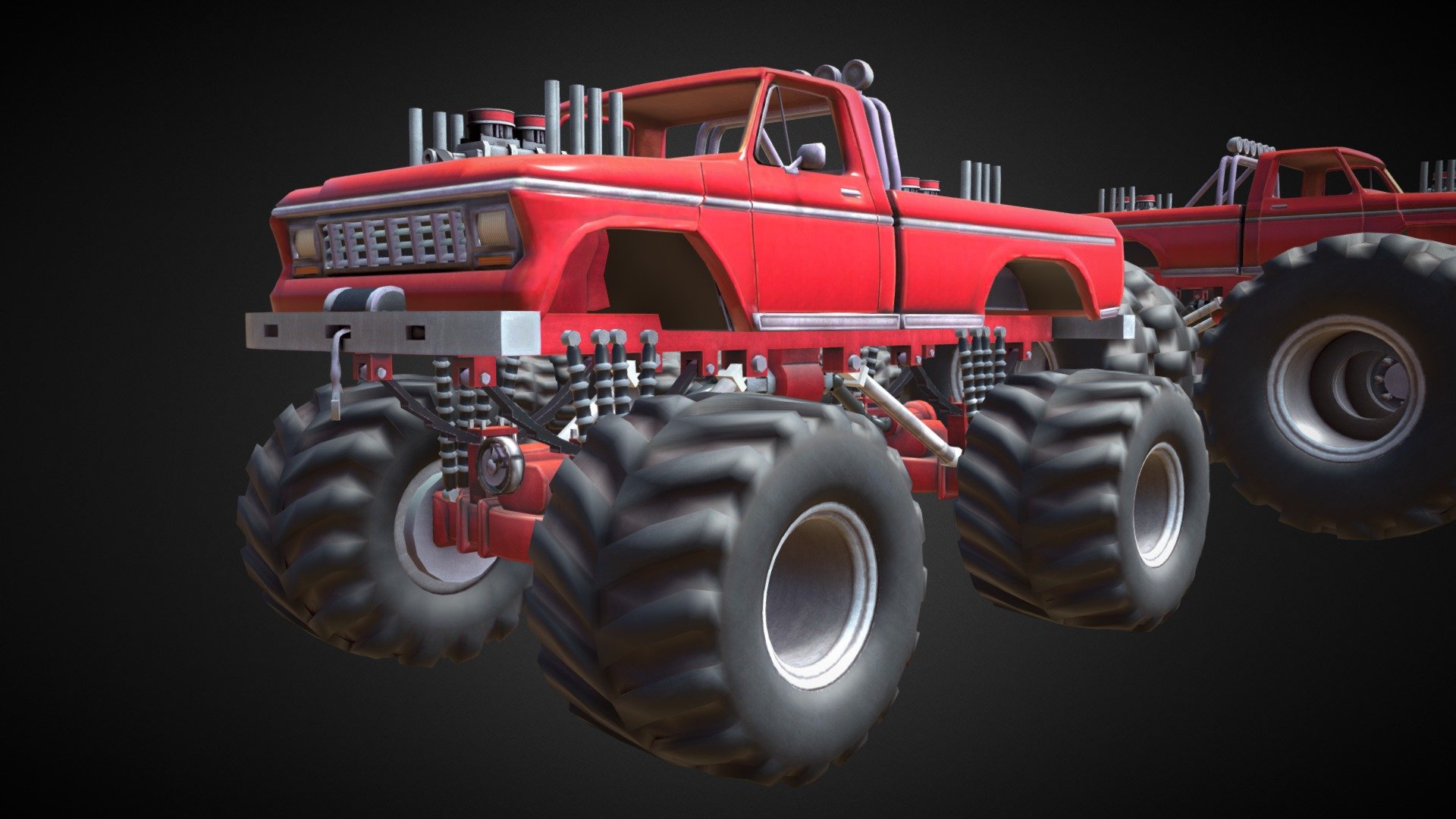 If you like this, consider buying updated chassis with much better textures and much more detailed axles. It is made for modern standards, and good enough for commercial games:

https://sketchfab.com/3d-models/monster-truck-chassis-47221822252247df81af228b44f11c67

This was made for two week school project for which I was sole developer

Three days of work, progress can be seen in models I uploaded yesterday and day before

First day: https://sketchfab.com/3d-models/old-school-monster-truck-f20f4cd1f85e4b12ba26d7c275f9ec32https://sketchfab.com/3d-models/old-school-monster-truck-f20f4cd1f85e4b12ba26d7c275f9ec32

Second day: https://sketchfab.com/3d-models/stage-one-and-two-monster-truck-variations-baab30c85ed146f7a62c1e04b21d4fb8 - [Monster Truck Game] Bootleg Bigfoot - Download Free 3D model by Jorma Rysky (@Rysky) 3d model