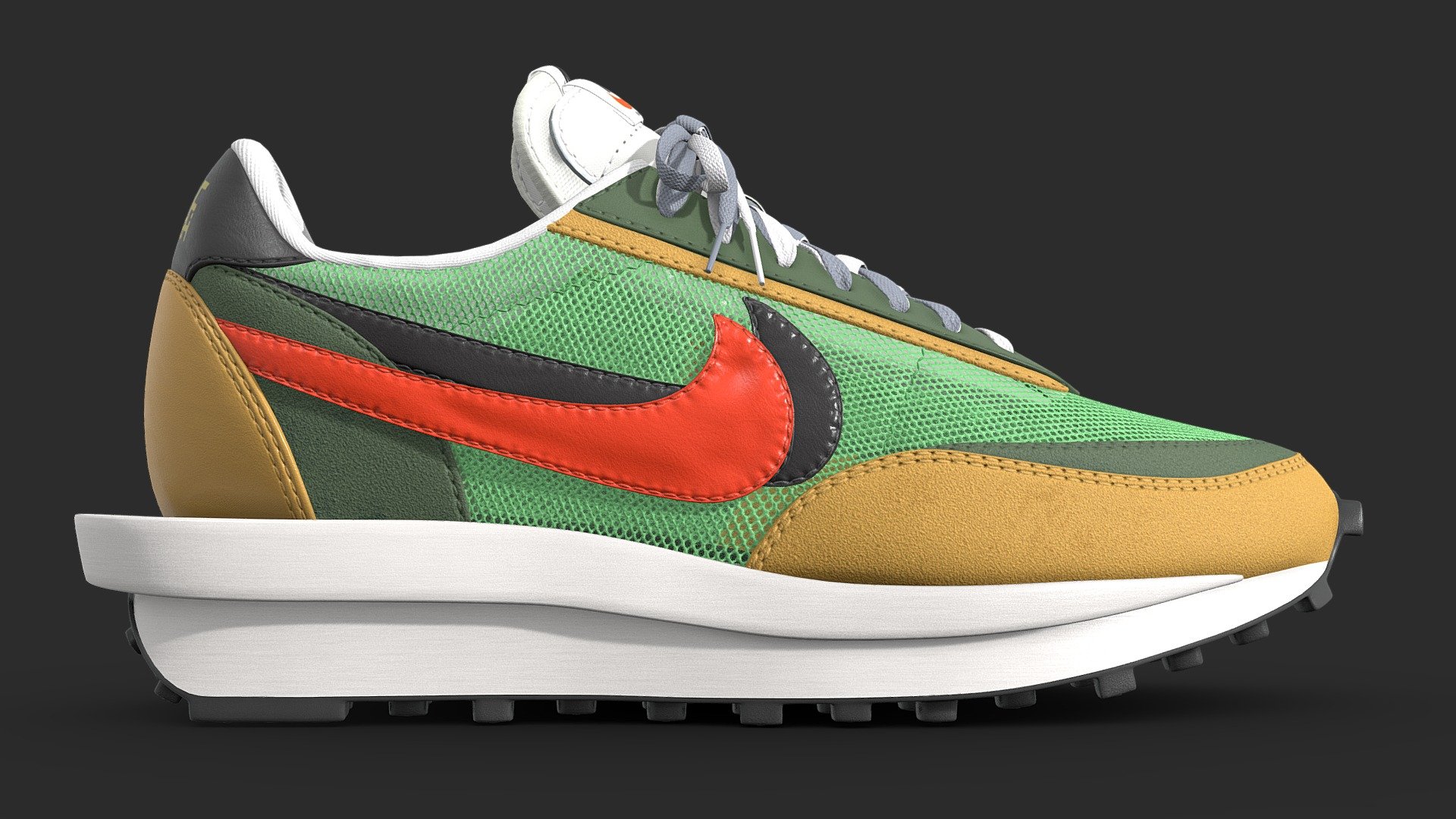 Nike Sacai LD Waffle in the Multi Green Colourway. This is one of the original colourways that released in 2019.

This model is a 1:1 replication of the original. All dimensions, angles, and curves are the same as the real life counterpart. The shoe is subdivision ready with a base polycount of 23,399 polys per shoe. The mesh uses four texture sets, all at 4096x4096 resolution, with the following maps in use: Base Color, Metallic, Roughness, Normal. The base color map contains the transparency information, so plug the alpha of the texture into the alpha channel, or alternatively put the base color texture where the opacity should go

Included is a One Mesh version which uses just 1 texture map per shoe,

The main Blender files contain the full texture setup. The mesh is subdivision ready so you can increase/reduce the subdivision count to achieve your desired look 3d model