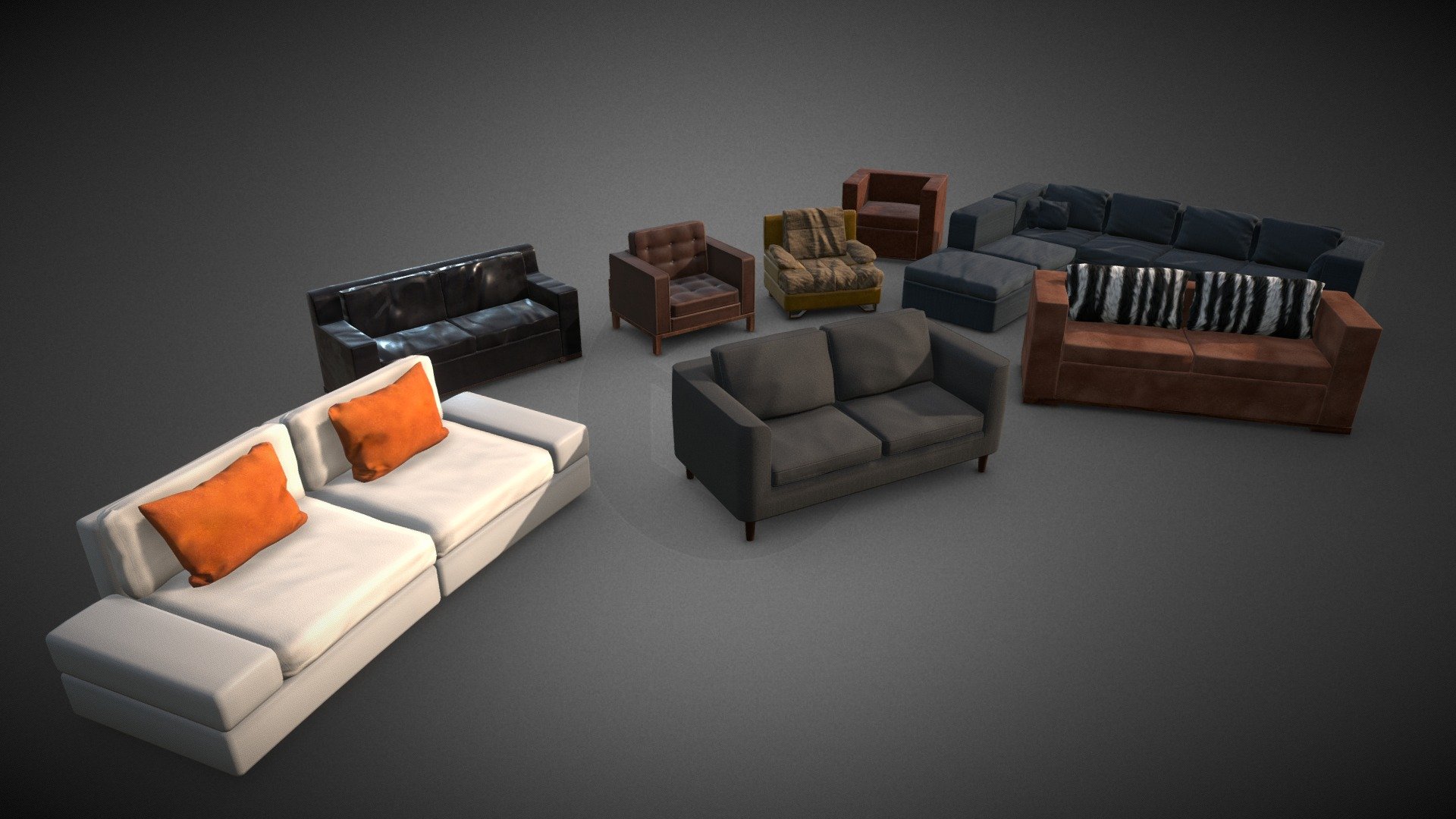 Set of armchairs and sofas.

-LOW POLY It contains a .rar with the asset in .fbx format, with 8 material and textures in x2048 .jpg - Color - Metalic - Normal map - Roughness - Specular.

-Number of vertices 47,948.

-Real-world scaled model.

-Ready for game or stage adornment 3d model