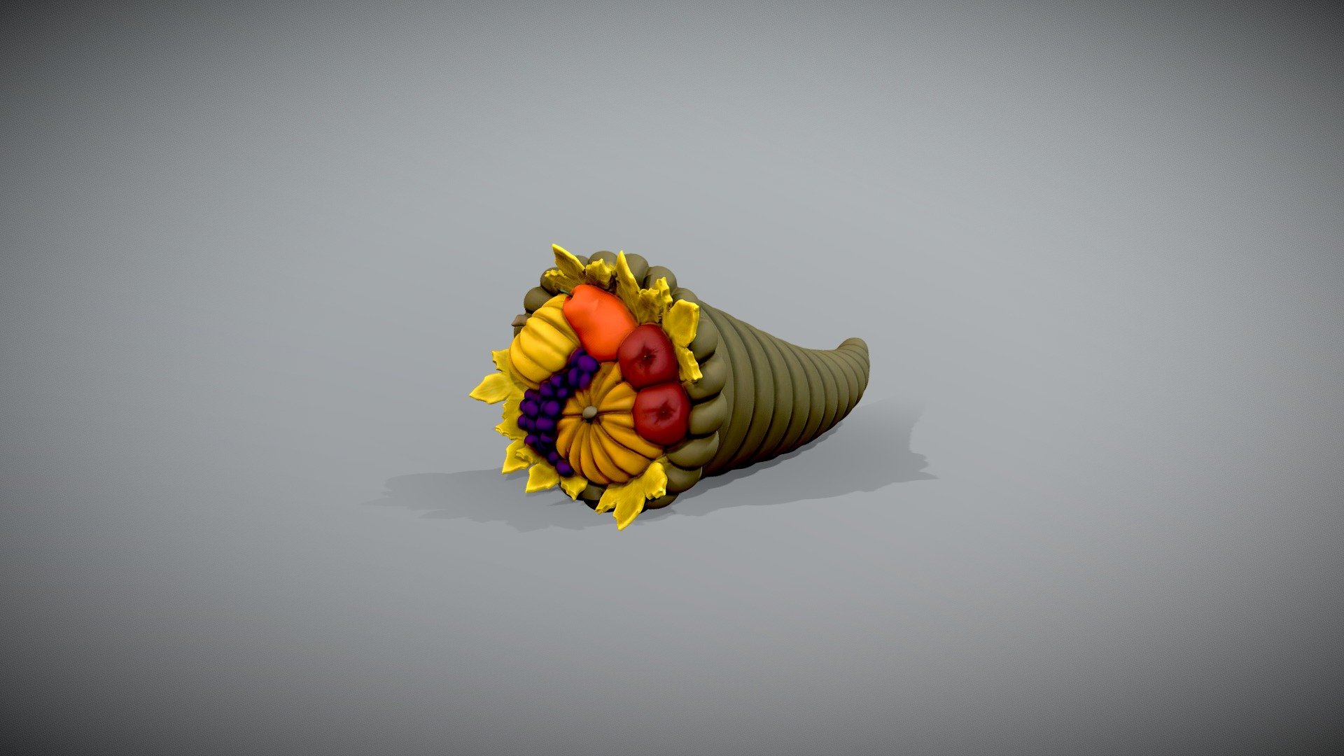The cornucopia, or horn of plenty, is a symbol of nourishment and fertility.

The zip file includes the models in STL (printable solid), OBJ low poly with textures and FBX including UV's and textures.
The model can be used for any project 3d model