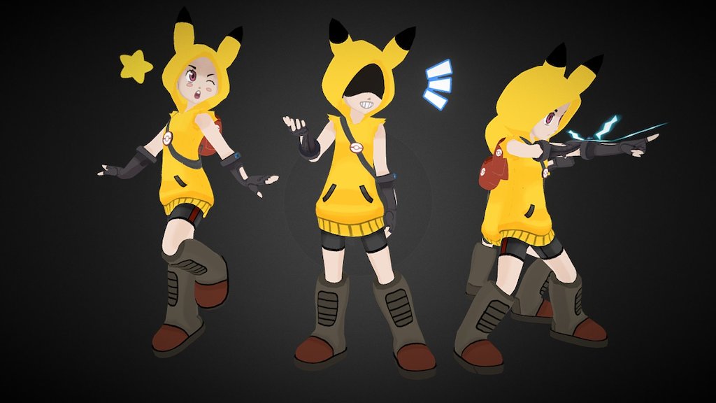 Pickachu Trainer Squad challenges you!!!
A project that I did for my Animation assignment.
The trainer model is made fully by me, based on the ones in Sun &amp; Moon.
The model is rigged, and it has the 4 poses displayed here.
Enjoy! - Pokémon - Pikachu Trainer Squad! - 3D model by Daniel Olondriz (@TheDriXx) 3d model