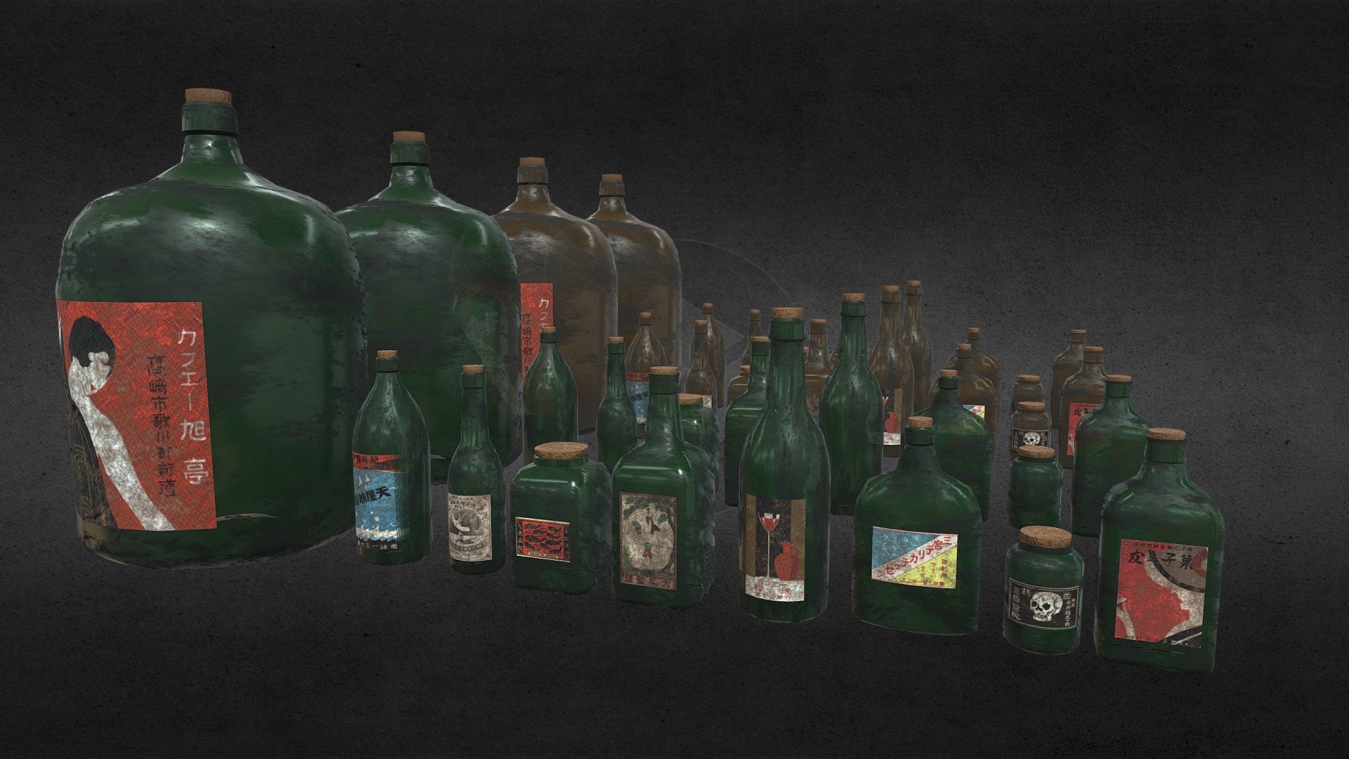 A set of low-poly glass bottles that I made for my upcoming game, Shinrin Yoku. This model is seperated into multiple individual objects so that you can put them anywhere you'd like and arrange them in your scene.

There are 3 seperate materials that are used for these models so that transparency can be applied to the glass. You can also easily replace the labels by editing the Albedo Texture. If you don't want any dirt on the bottles, then simply replace the Albedo textures with a solid color and the glass will appear clean. 

Feel free to use these models in anyway you wish, just dont't claim ownership. Credit is not required, but is appreciated.

Follow me on Facebook, Instagram, or SketchFab to support me and keep up with future game releases 3d model