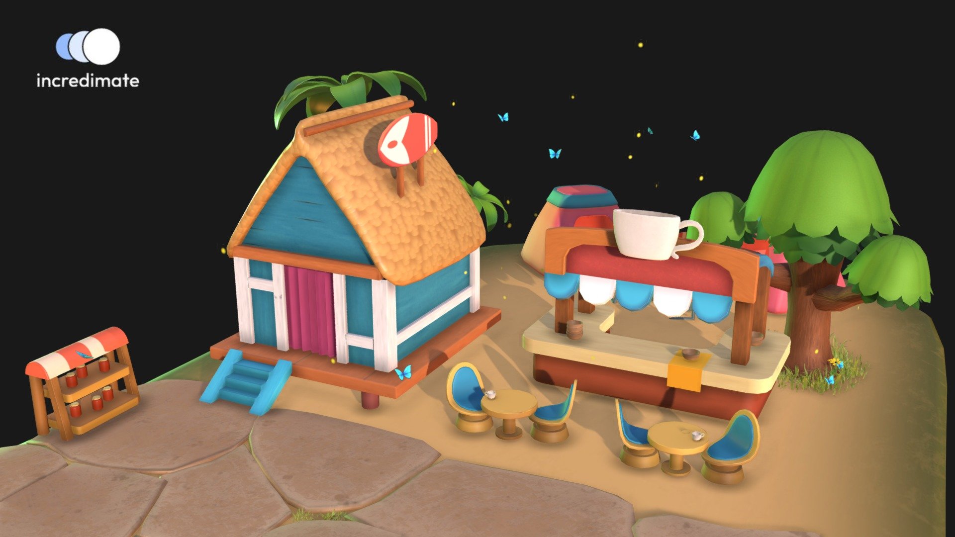 A tropical and magican haven  - this 3D model showcases a setup perfect for a beachside cafe and camp. There is a cafe bar with beautiful seating and tables in front. Next to it stands a wooden house painted in blue and white with a contrasting pink door and straw roof. A big surfboard adorns the the roof and simple blue stairs lead up to the door of this house.
Behind this setup is a beautiful campsite with two camps, a bonfire pit and 3 folding chairs. The trees, butterflies and glowing fireflies add into the tropical and magical vibe of this model! - Beachside Cafe & Camp - 3D model by Incredimate Studio (@incredimate_studio) 3d model