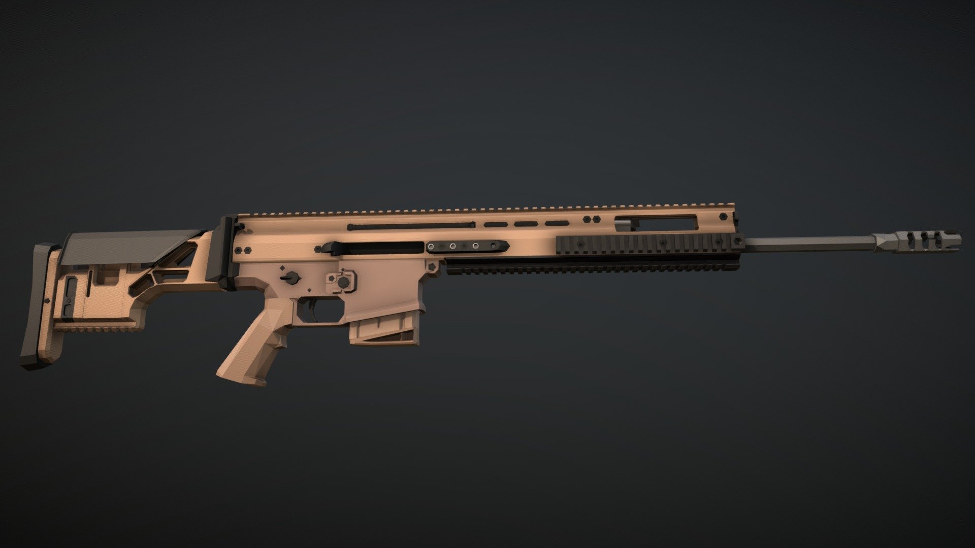 low poly model of the sniper/DMR variant of the FN SCAR-H, with longer receiver, barrel, ten round magazine and fixed adjustable stock.

this doesn't have a scope, but I'll hopefully soon release a variant with scope and some other cool things 3d model