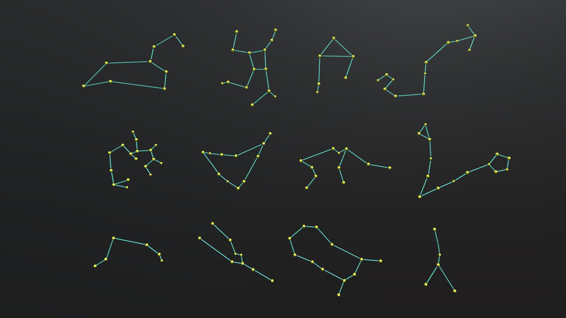 -12 Horoscope Zodiac Constellation Pack.

-This file contains 263 objects.

-Verts : 65,150 Faces : 63,174.

-Materials and objects have the correct names.

-This product was created in Blender 3.0.

-Formats: blend, fbx, obj, c4d, dae, abc, stl, glb,unitypackage.

-We hope you enjoy this model.

-Thank you 3d model