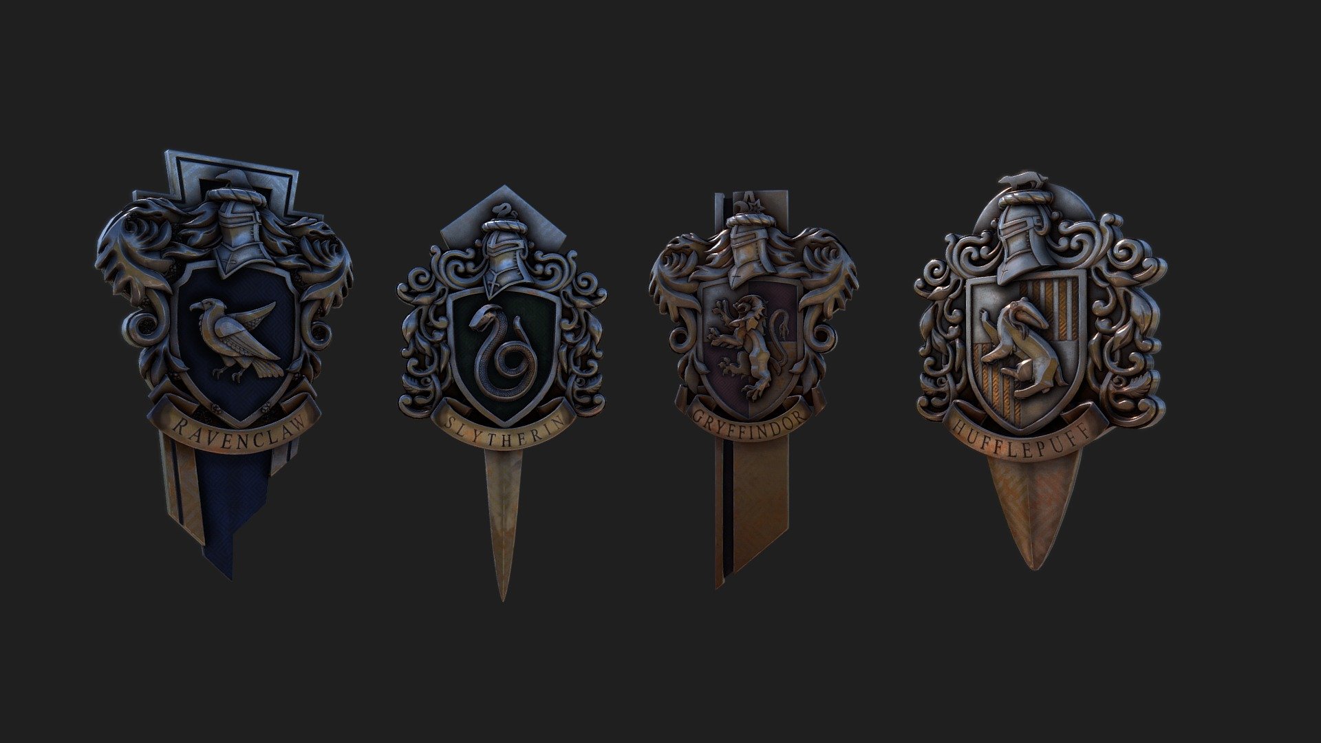 These are are the Hogwarts house crests redesigned as badges.

Higher res images at : https://www.artstation.com/kieronwhite3d - Harry Potter Badges - 3D model by kieronwhite 3d model