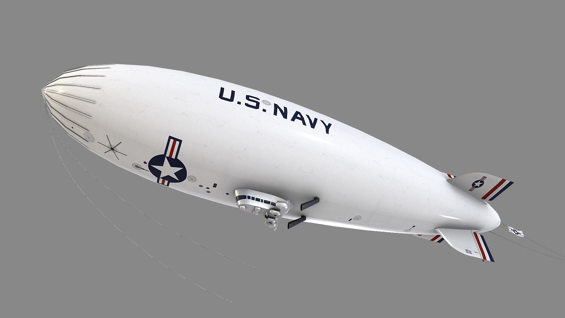 Low Poly Airship Blimp - US Navy 2 Livery

Part of collection:




https://skfb.ly/oUnoY

Details:




Game ready, PBR ready, realtime optimized

Included are 2 animated model versions with 180 frames @ 30 fps

FBX export contains pure rotation based animations, that work best with the Sketchfab viewer

3dsMax file contains also an extended animated version with modifiers

Static model version included as well

Made in real world scale meters

Non-overlapping unwrapped on 1 UV layout

Ideal as good quality background object

PBR textures:




12 x both PBR workflows ready textures in native 4K

Propellers got 512x512 textures resolution

Triangle count:




Complete 4.020 tris
 - Low Poly Airship Blimp - US Navy 2 Livery - Buy Royalty Free 3D model by 3dgtx 3d model