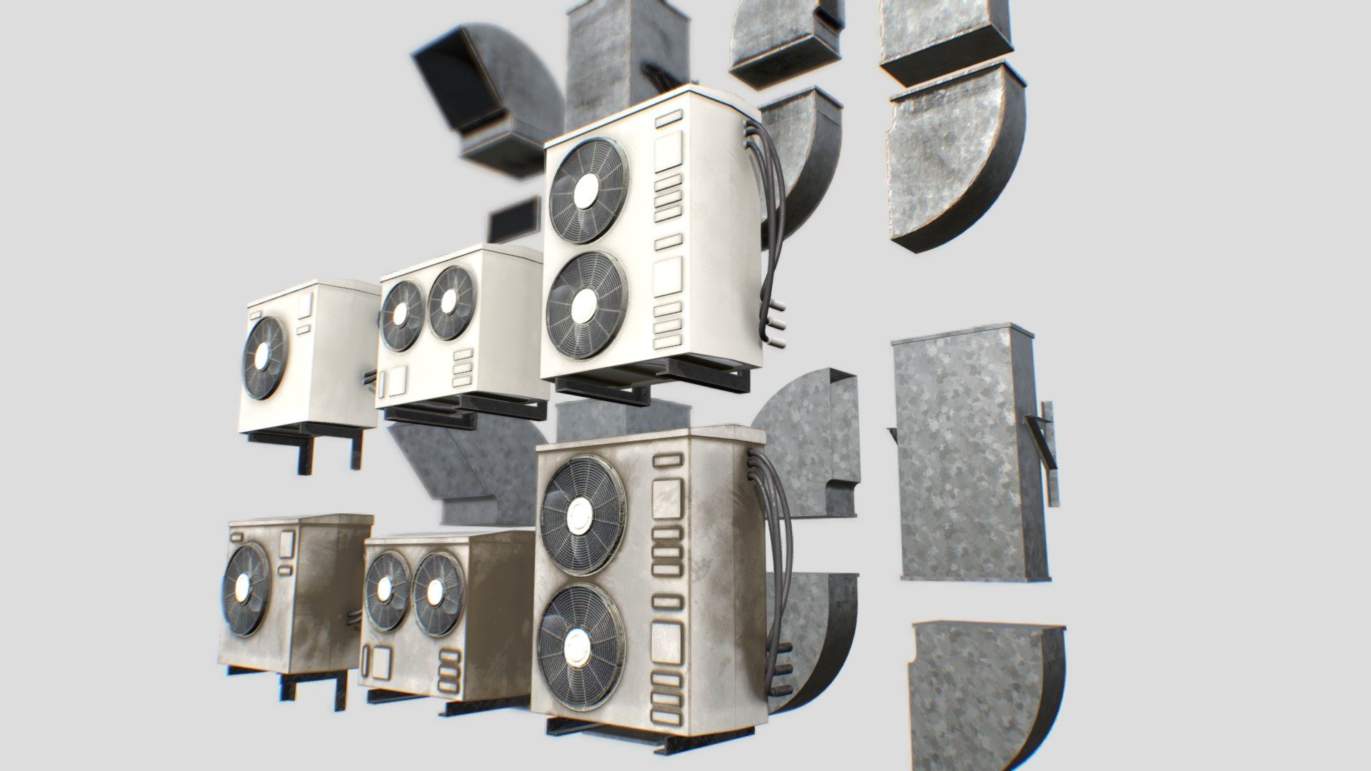 A modular kit of air conditioning elements. 
3 clean wall mounted units
3 dirty wall mounted AC units
a set of clean duct elements
a set of dirty duct elements - Ac unit wall mount Clean and Dirty and duct kit - Buy Royalty Free 3D model by 3D Content Online (@hknoblauch) 3d model