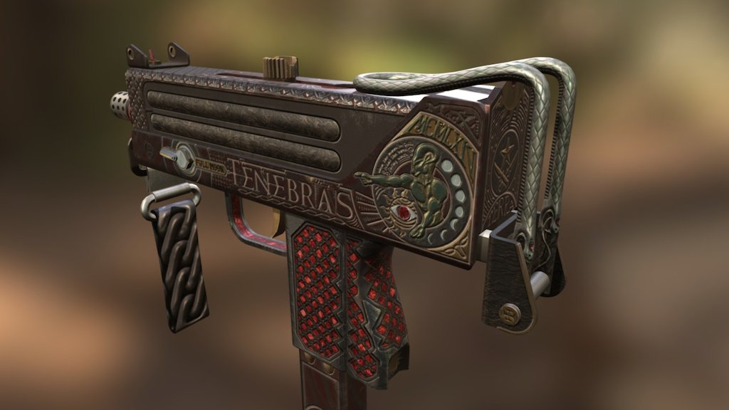 My new CS: GO skin, this time for a Mac-10, I really wanted to make a “dark magic” themed skin and to avoid any stuff that could be considered as inappropiate to appear in game, I decided to set my design in medieval alchemy setting, with geometry motives, moon, earth and sun, with a bit of mythical creatures and latin strings 3d model