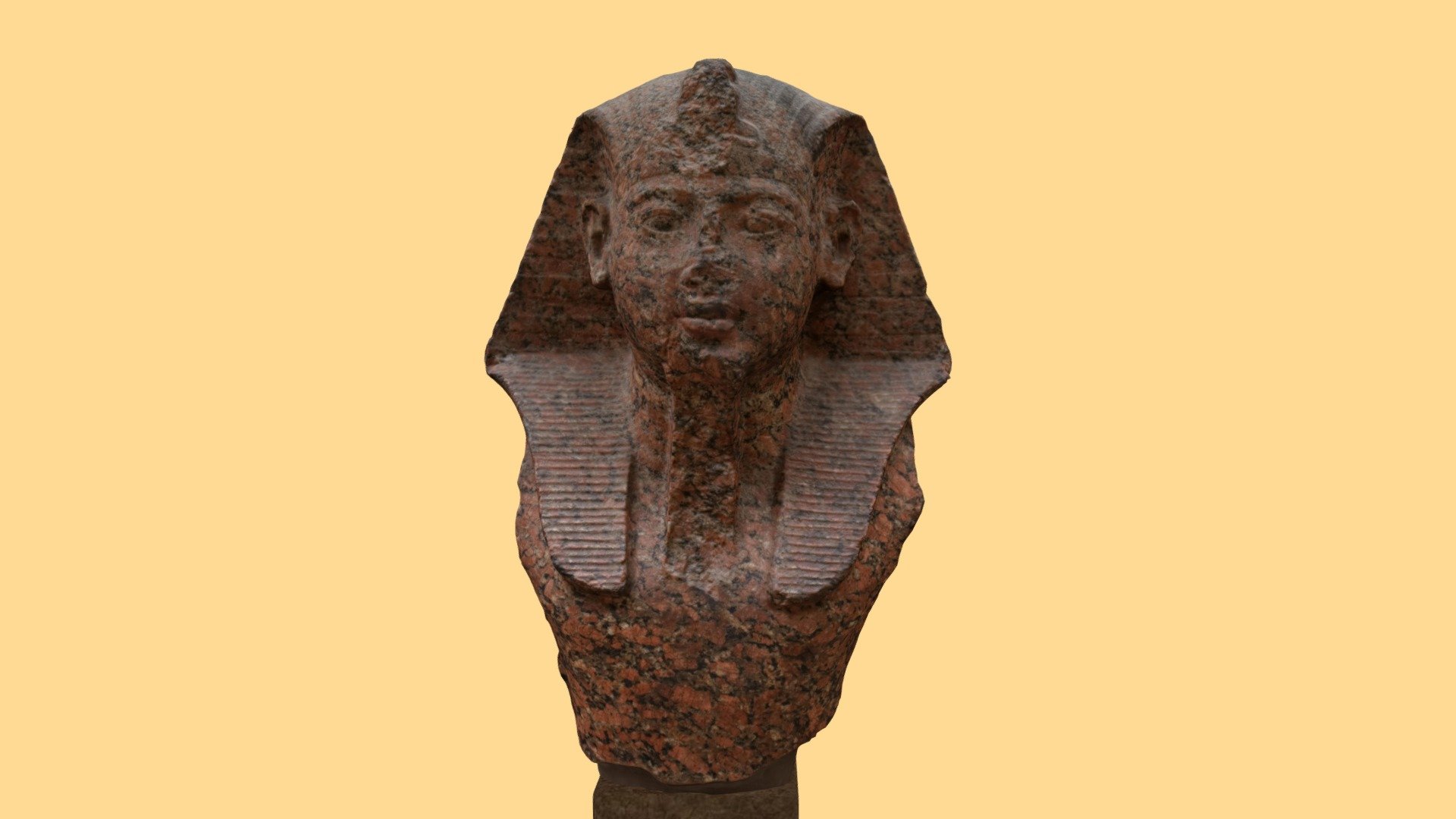 Made with a remote dataset with many blurry and not sharp photos.
Creation process was focused on reducing the blur and sharpness using deep learning models to improve quality on the source images.
The same process was applied to the final resulting texture of the model to increase even more the sharpness of it. 

A model of a head of (possibly) Rameses II. This is made of red granite and dates to around 1250 BC.

You can read more about this dynasty here.

Do you want to capture something in 3D?
Write me at riccardoemanuelegiorato@gmail.com - Scan of 19th Dynasty Egyptian Head - Buy Royalty Free 3D model by riccardogiorato 3d model
