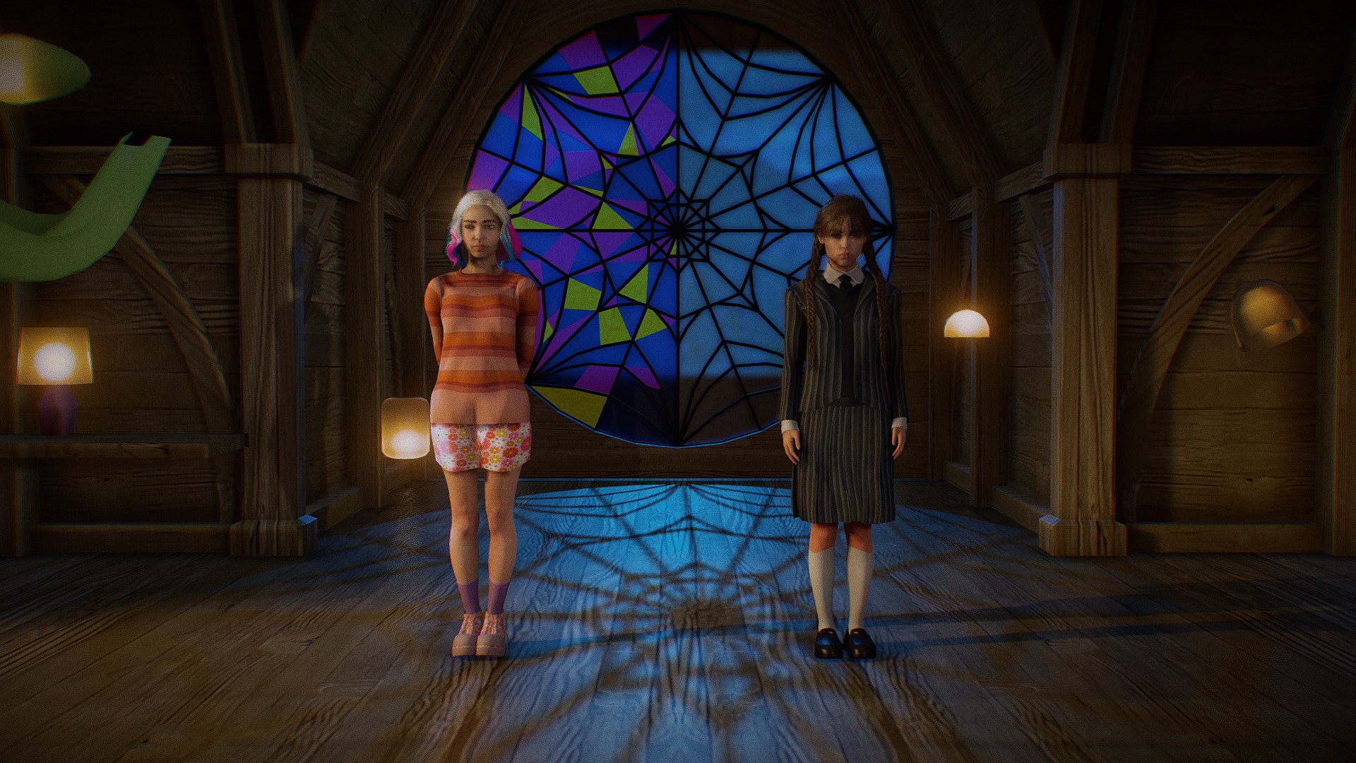* PLEASE DOWNLOAD THE RAR INSIDE THE ADDITIONAL FILES!!!
Wednesday Addams and Enid Sinclair. Nevermore Academy bedroom. Model in Blender file. Fully rigged. SSS subsurface scattering. mixamo bone names for animation. 




Includes Bedroom with lights. Shaders inside the additional RAR file.


Eevee and Cycles ready!




Exporting the FBX for mixamo: 






Transform tab: check &ldquo;apply transform