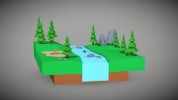 forest island low poly trees, tree, fish, forest, river, island, fire, nature, stones, low-poly-model, island-low-poly-model, lowpoly-blender, naturenvironment, fish-cartoon, cartoon, rock