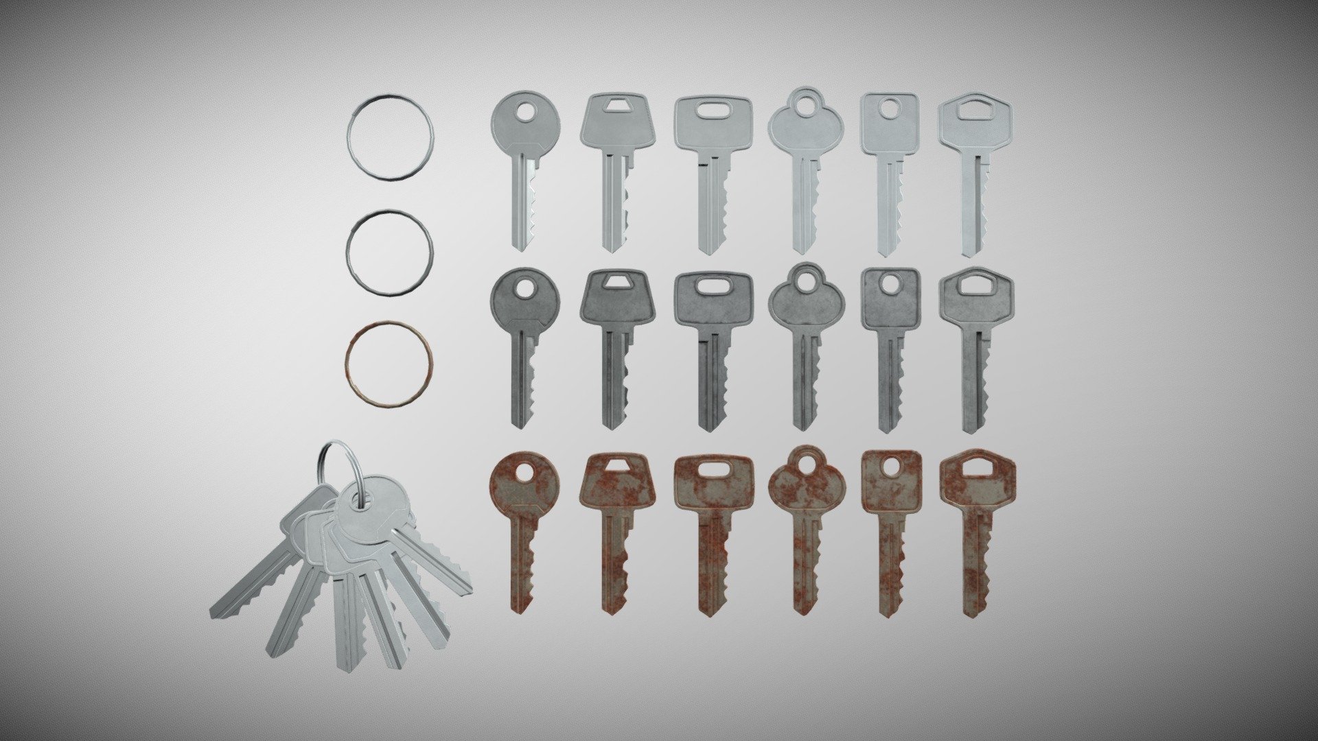 Free key ring: https://skfb.ly/oAuSt



Check individual keys: https://skfb.ly/oAuSK



[Zip File]

Collection Information:


6 Keys
1 key ring (Free)

Mesh Information:


Subdivision-ready models
Subdivision 0 Polycount (average): 2422
UV unwrapped

Texture Information:


Three types of texture: New, Used, Old
Texture size: 2048x2048
BaseColor
Roughness
Metallic
Normal OpenGL and DirectX
PNG format

Formats include: 
- .obj
- .fbx
- .blend

~ If you have questions or problems, please feel free to contact me 3d model