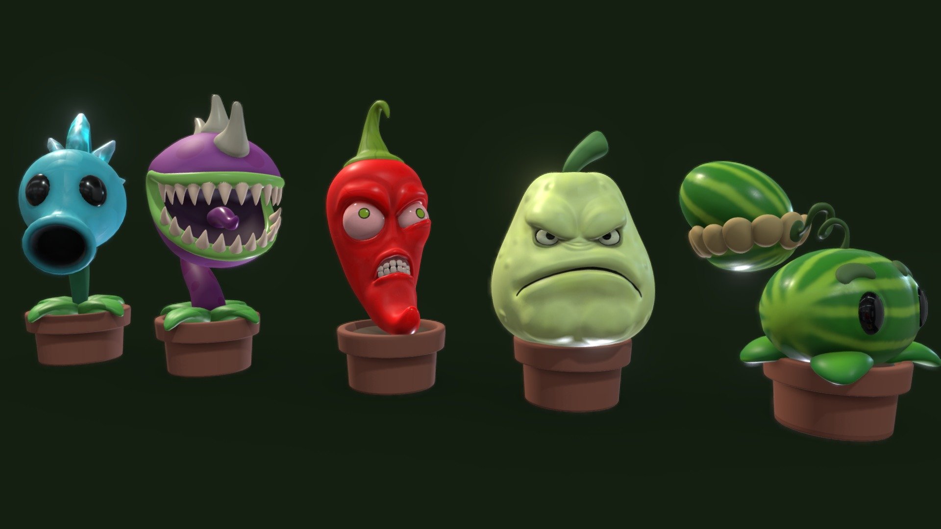 The zombies are coming, choose your plants.

Characters: Snow Pea, Chomper,Jalapeño, Squasht and Melon-Pult. 
Videogames: Plants vs Zombies

Program: Zbrush 
Retopology: Autodesk Maya 
Render: Blender (Cycles) 
Textures: Substance Painter - Plants vs Zombies (2) - Buy Royalty Free 3D model by Loslolos 3d model
