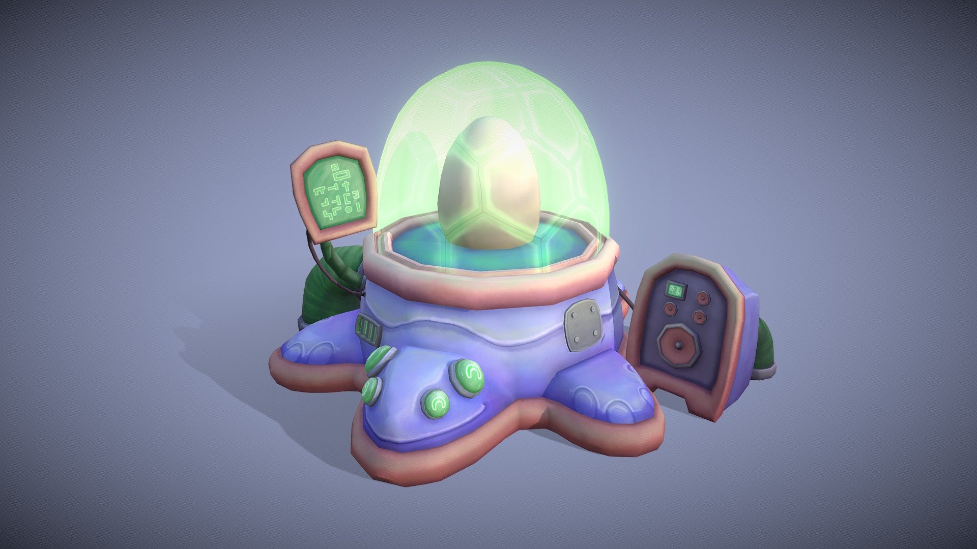This was designed to be an incubator for turtle aliens. I wanted it to be cute.
I concepted, modeled, and textured this science fiction prop for CGMA's Creating Stylized Game Assets class, taught by Ashleigh Warner 3d model