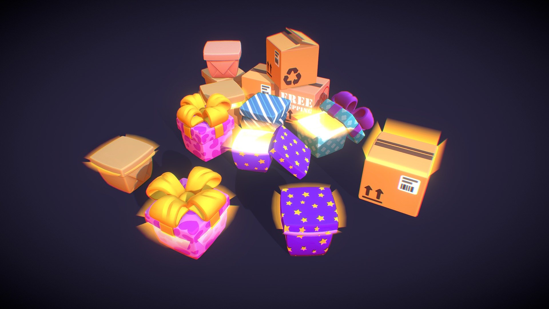 This package includes 4 different models of gift boxes and parcels, each of which is presented in 2 colors. And each model has 4 unique animations: Invoke, Idle, Unpack and Vanish.

For all 4 models, only 1 diffuse texture (2k) is used, so it is preferable to use some kind of stylized shader that has flexible options for customizing the visual.

Also inside the pack you will find the corresponding glow meshes for each model, which will help you create a more interesting visual. Also, these meshes repeat all the animations of the main model.

In the archive you will find a Unity package as well as a Maya scene in the format .ma, as well as 2 diffuse textures (2k) for 2 color schemes.

More detailed information about the package can be found in the manual - Packages And Gifts - 3D model by RicochetWitcher 3d model