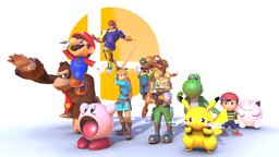 Super Smash Bros: The Original 12 link, pokemon, videogame, pikachu, donkey, nintendo, metroid, samus, fox, kong, yoshi, dk, falcon, captain, bros, smash, jigglypuff, 64, star, kirby, smashbros, ultimate, low-poly, cartoon, pbr, low, poly, super, zelda, mario