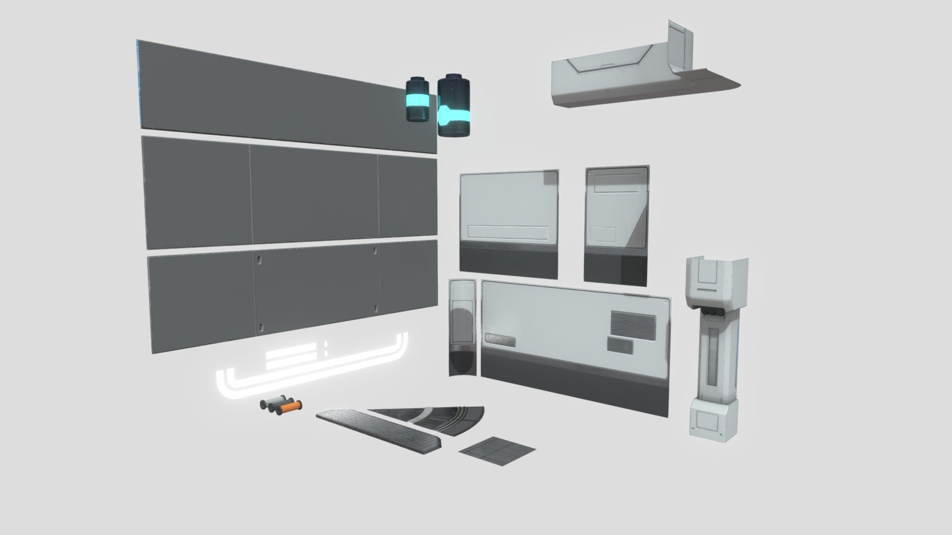 A small collection of modular assets made as part of a University assessment. Includes walls, ceiling panels, lights, pipes and other modular pieces 3d model