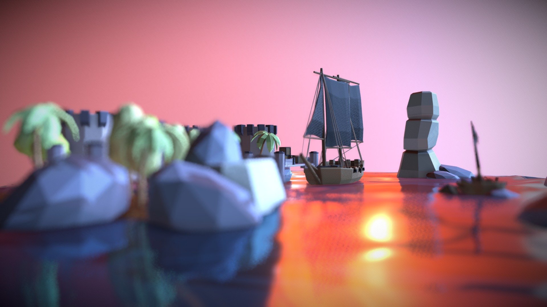 Even a small island on the middle of the ocean can store big secrets. So a small castle borns from nothing. Brave soldiers that tries to keep the pirates away. Thousands of low poly treasures hidden here. :)

These models where taken from my personal game development library (all created by me). They where created for a Pirate game with some RPG elements.

By Guilherme Teres Nunes (Uniday Studio) - Pirate Island (Low Poly) - 3D model by Uniday Studio (@unidaystudio) 3d model