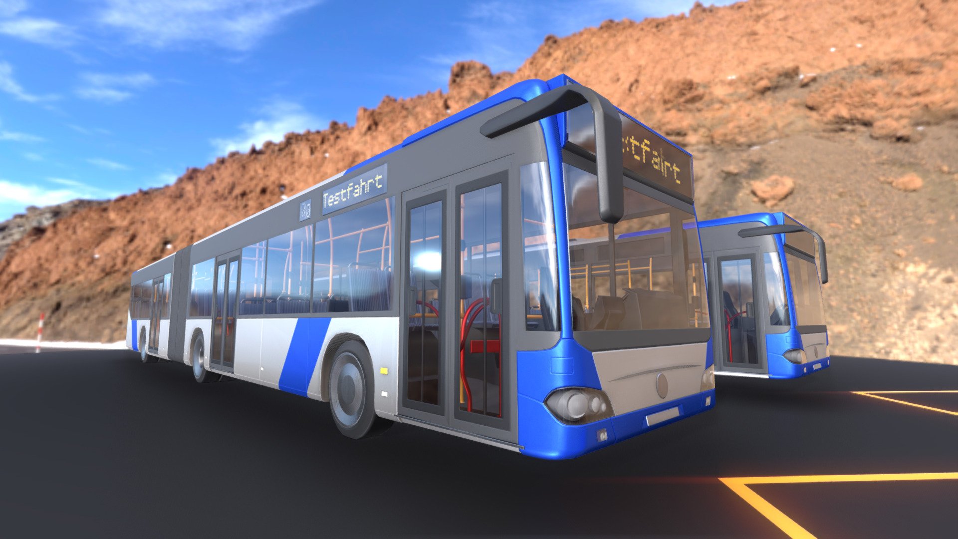 Here is the low-poly and pbr-textured version of the articulated bus in blue-white.






Demo-Video Blender-3.2

Parts and details:




Object Name - Articulated_Bus_NoText 

Object Dimensions -  3.032m x 18.226m x 3.058m 

Vertices = 25064

Polygons = 44537






Object Name - Articulated_Bus_TestfahrtText 

Object Dimensions -  3.032m x 18.226m x 3.058m

Vertices = 27893

Polygons = 46904






Object rotation and location is 0, scale is 1.000 x 1.000 x 1.000

Object center point is where it should be, so you can place the object easily on your ground

Texture map types: Base Color, Normal, Metalness, Roughness



3D model formats: 




Native format (*.blend)

Autodesk FBX (.fbx)

OBJ (.obj, .mtl)

glTF (.gltf, .glb)

X3D (.x3d)

Collada (.dae)

Stereolithography (.stl)

Polygon File Format (.ply)

Alembic (.abc)

DXF (.dxf)

USDC



Last update:
13:02:35  19.10.22


 - Articulated City Bus Blue-White (Low-Poly) - Buy Royalty Free 3D model by VIS-All-3D (@VIS-All) 3d model