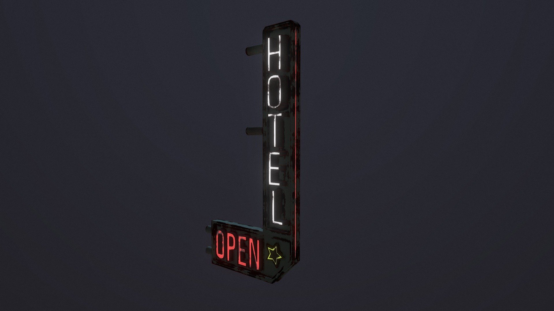Low poly, rusty Neon Hotel Signboard. 

* 2k diffuse, normal, roughness, emission

*  * 4 diffrent file formats - OBJ/MTL, FBX, GLB, GLTF


You can find the whole package of this type of models here: https://sketchfab.com/3d-models/rusty-neons-signs-low-poly-pack-beeec93990d347abb56c5b35efce20e3 

I hope you will enjoy my product! If you have questions about this model or you have a problem send me a message: 

Artstation: https://www.artstation.com/aroba 

IG: https://www.instagram.com/blue.blender.print/ - Neon Hotel Signboard - Buy Royalty Free 3D model by @blue.blender.print (@arobaco) 3d model