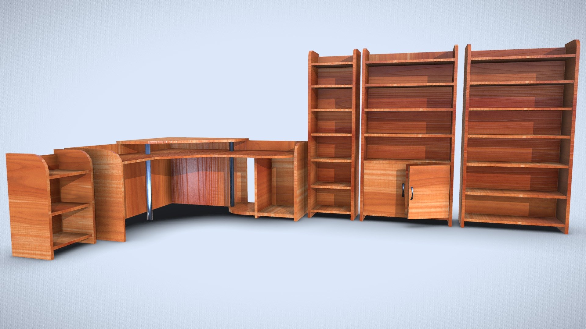 Wooden furniture set: 4 different bookcases; 1 computer table. 793 vertices.

Blender (2.91), Substance Painter (2020.2.2) - Ultra low poly wooden bookcases & computer table - Download Free 3D model by Leon_dp (@leondp) 3d model