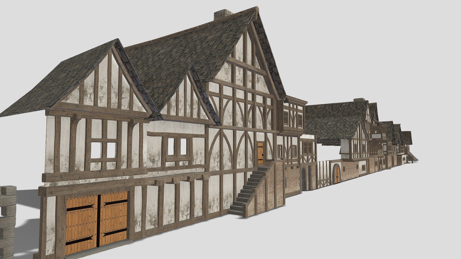 Collection of modular Tudor pieces.  Walls are 4 meters in length and 2.5 meters in height making it easy to build a variety of buildings 3d model