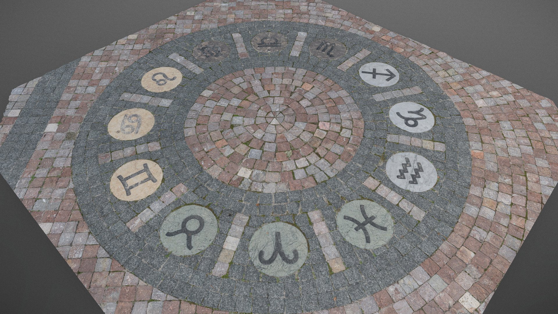 Zodiac signs wheel mosaic in cobblestone ground floor public park road way

Photogrammetry scan (180 x 36 MP, 3x8K texture + HD Normals) - Zodiac ground mosaic - Buy Royalty Free 3D model by matousekfoto 3d model