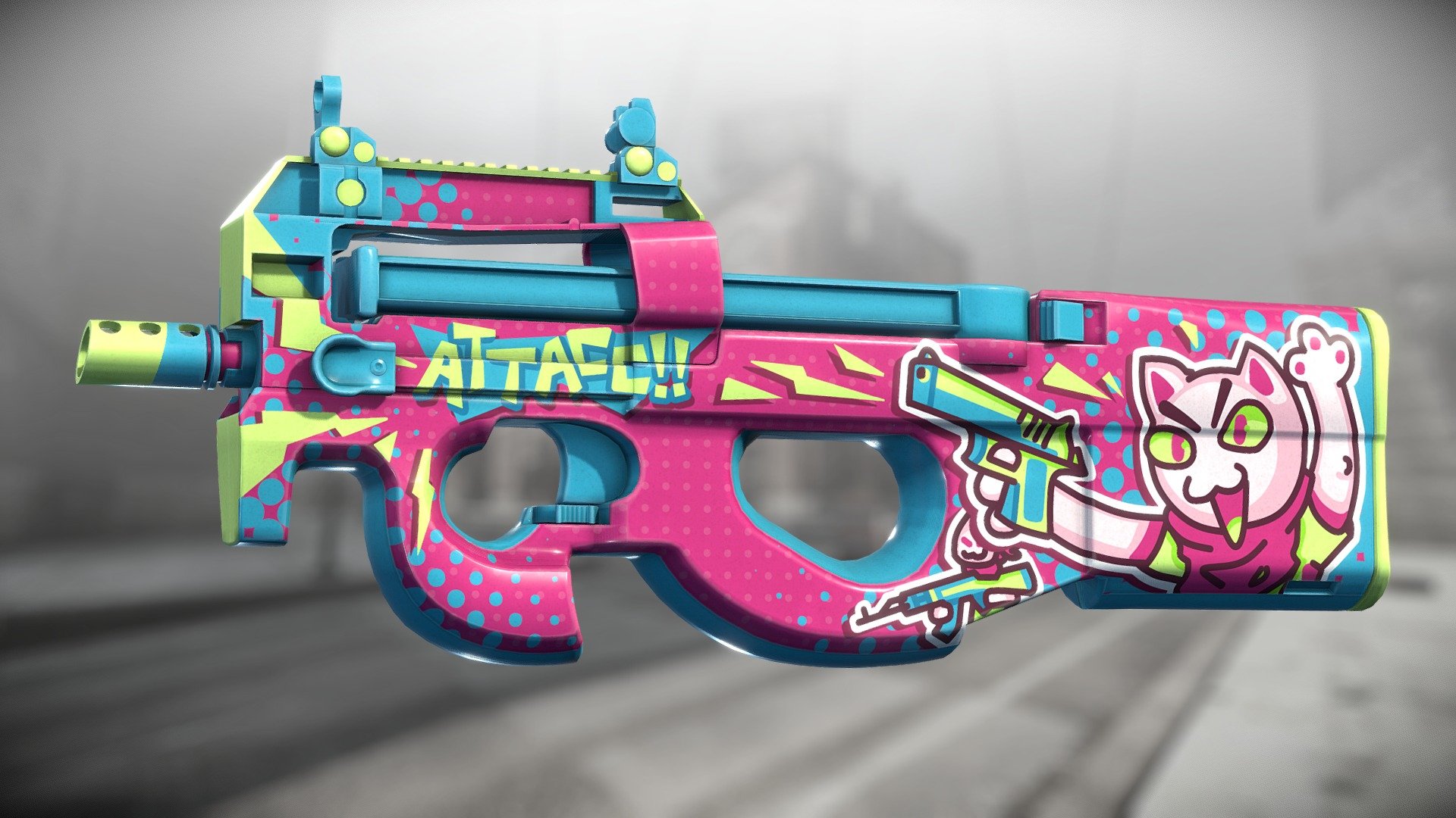 A skin for the P90 in CSGO that coats the gun in a not-so-cuddly finish of cartoon cats 3d model
