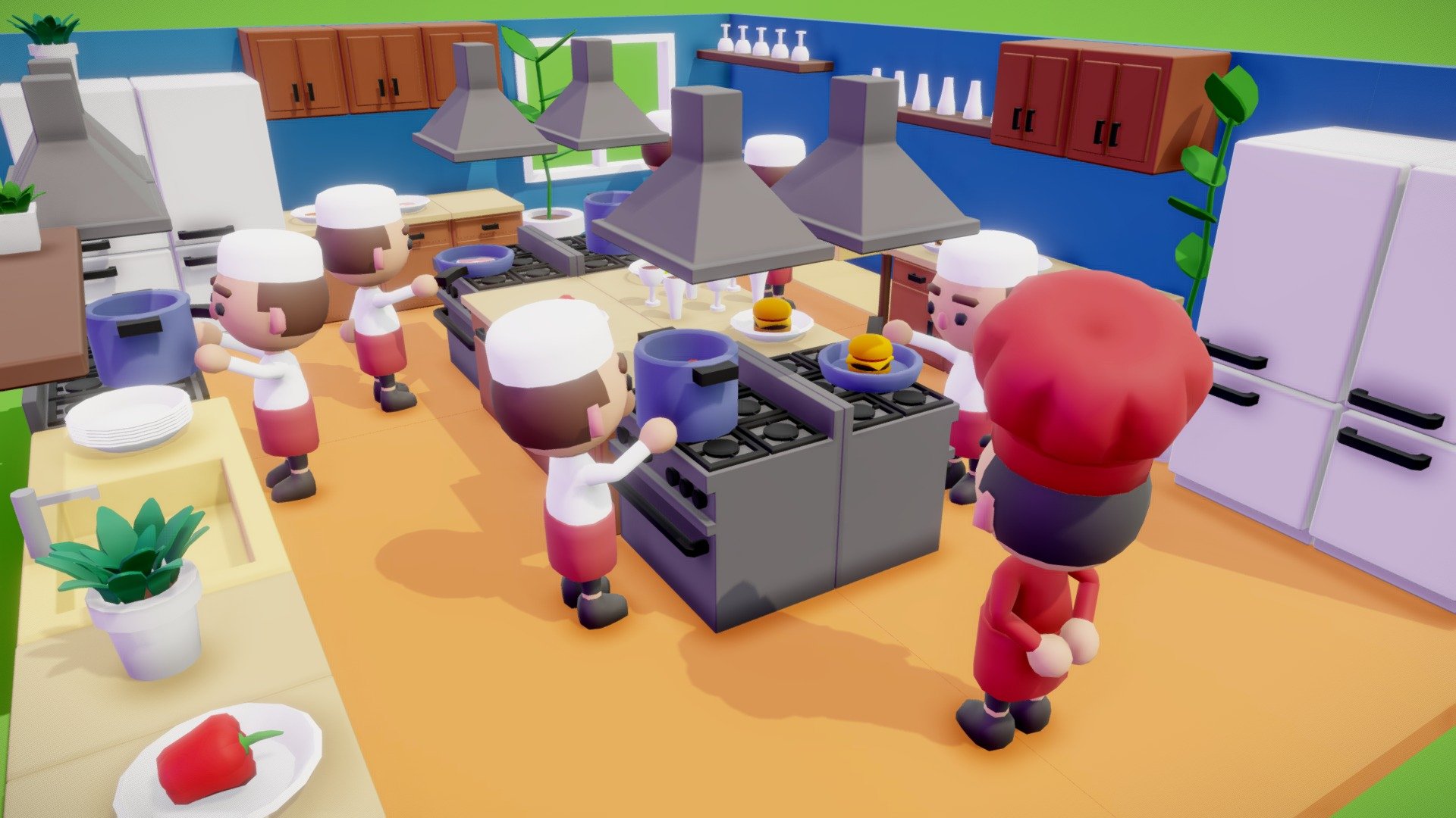 Set for creating a restaurant/cafe/kitchen. Scene with cute low poly chefs, waiters and visitors in a restaurant 3d model