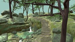 Waterfall forest, stairs, rocks, waterfall