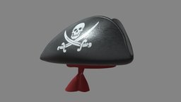 Pirate tricorn hat with skulls and a red bandana hat, cap, colonial, sailor, head, capitan, costume, carribean, tricorn, skull, ship, pirate, clothing, sea